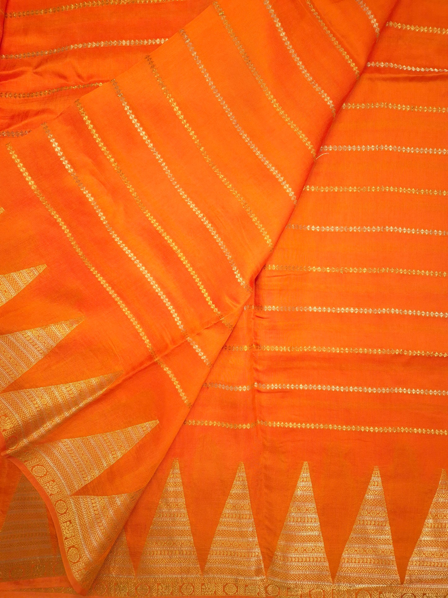 Orange Mona Silk Saree with Golden and Silver Zari with contrast Pink Blouse