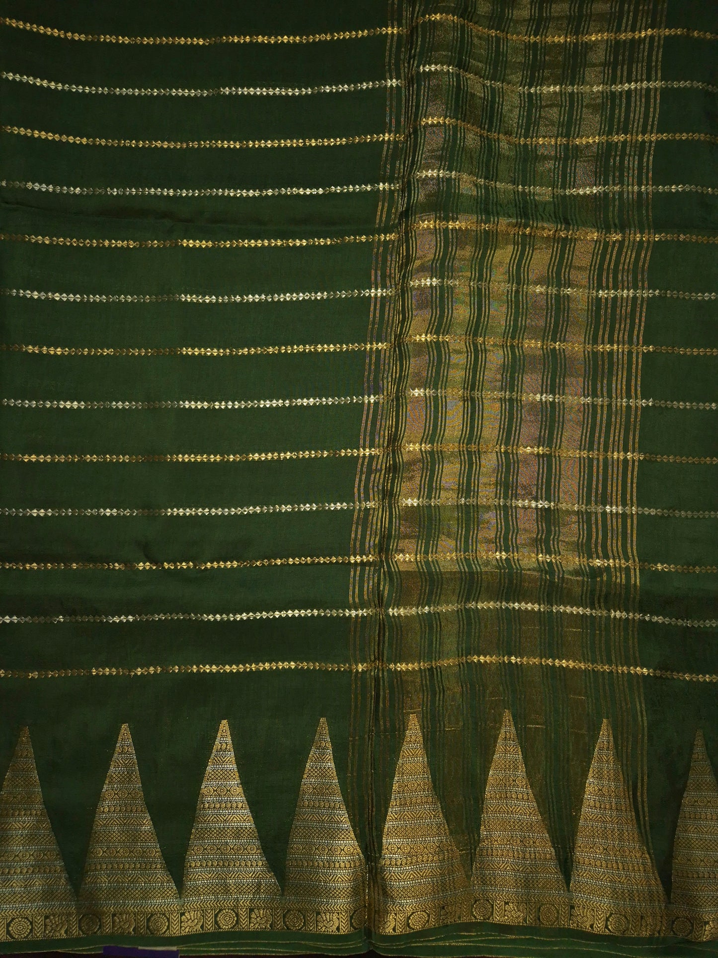 Dark Green Mona Silk Saree with Golden and Silver Zari