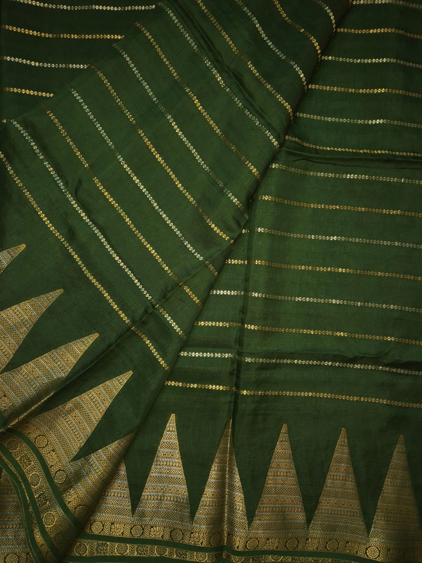 Dark Green Mona Silk Saree with Golden and Silver Zari