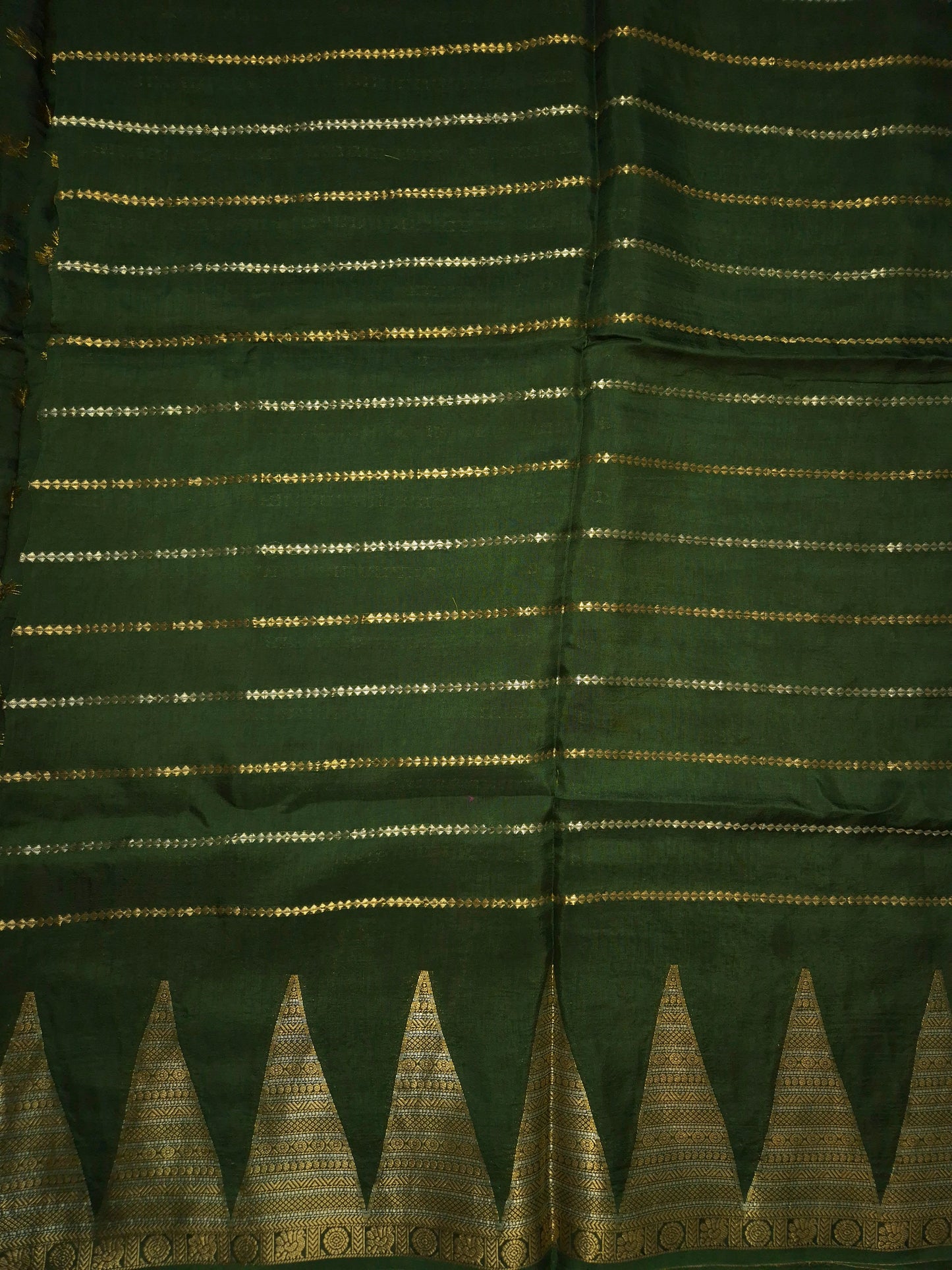 Dark Green Mona Silk Saree with Golden and Silver Zari