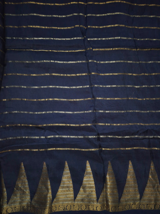 Navy Blue Mona Silk Saree with Golden and Silver Zari