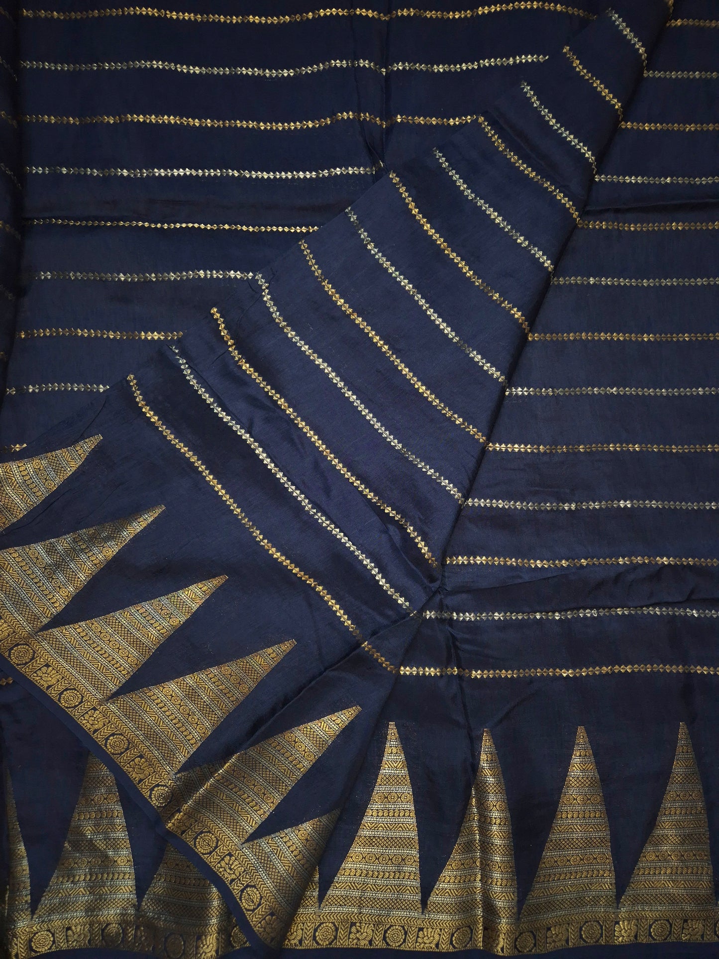 Navy Blue Mona Silk Saree with Golden and Silver Zari