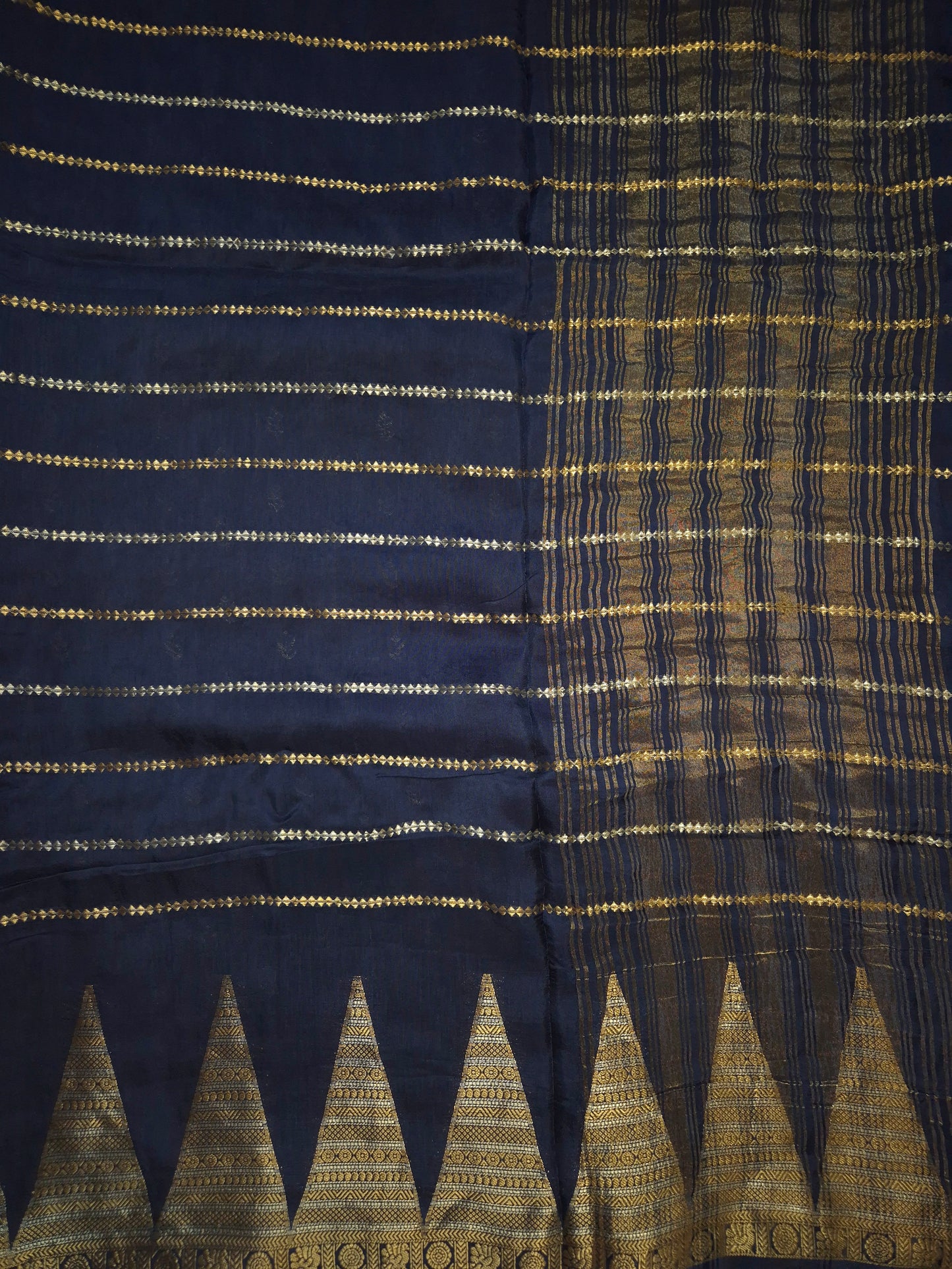 Navy Blue Mona Silk Saree with Golden and Silver Zari