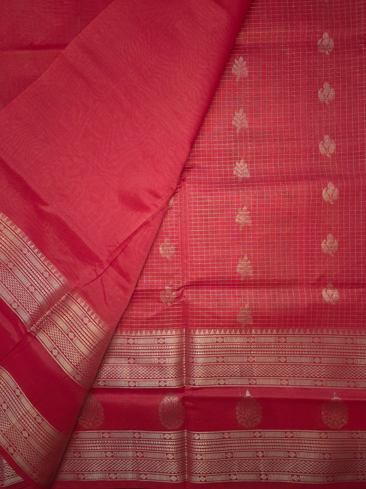 Coral Mangalgiri Pattu Silk Saree with Silver Zari