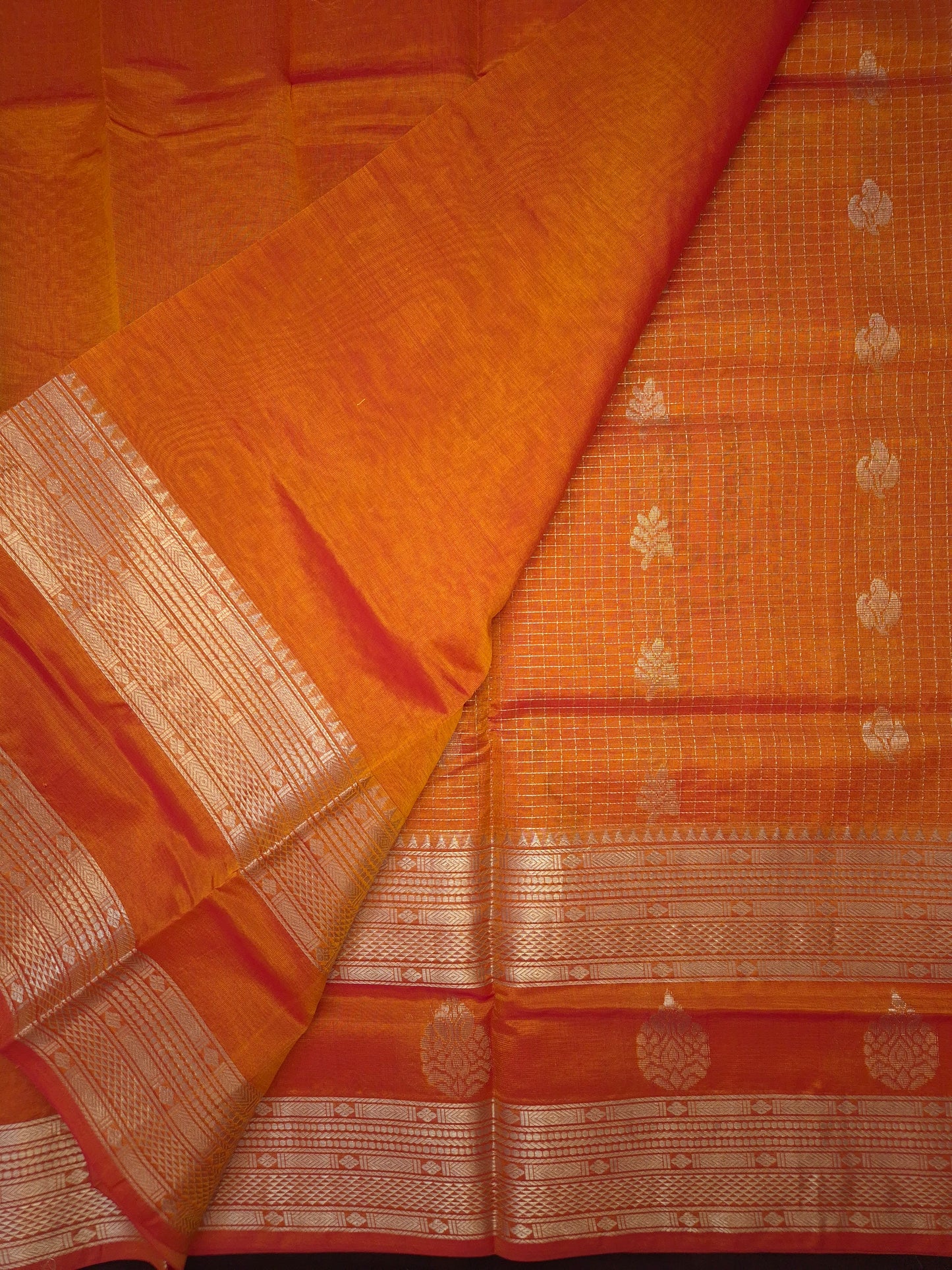Orange Mangalgiri Pattu Silk Saree with Silver Zari