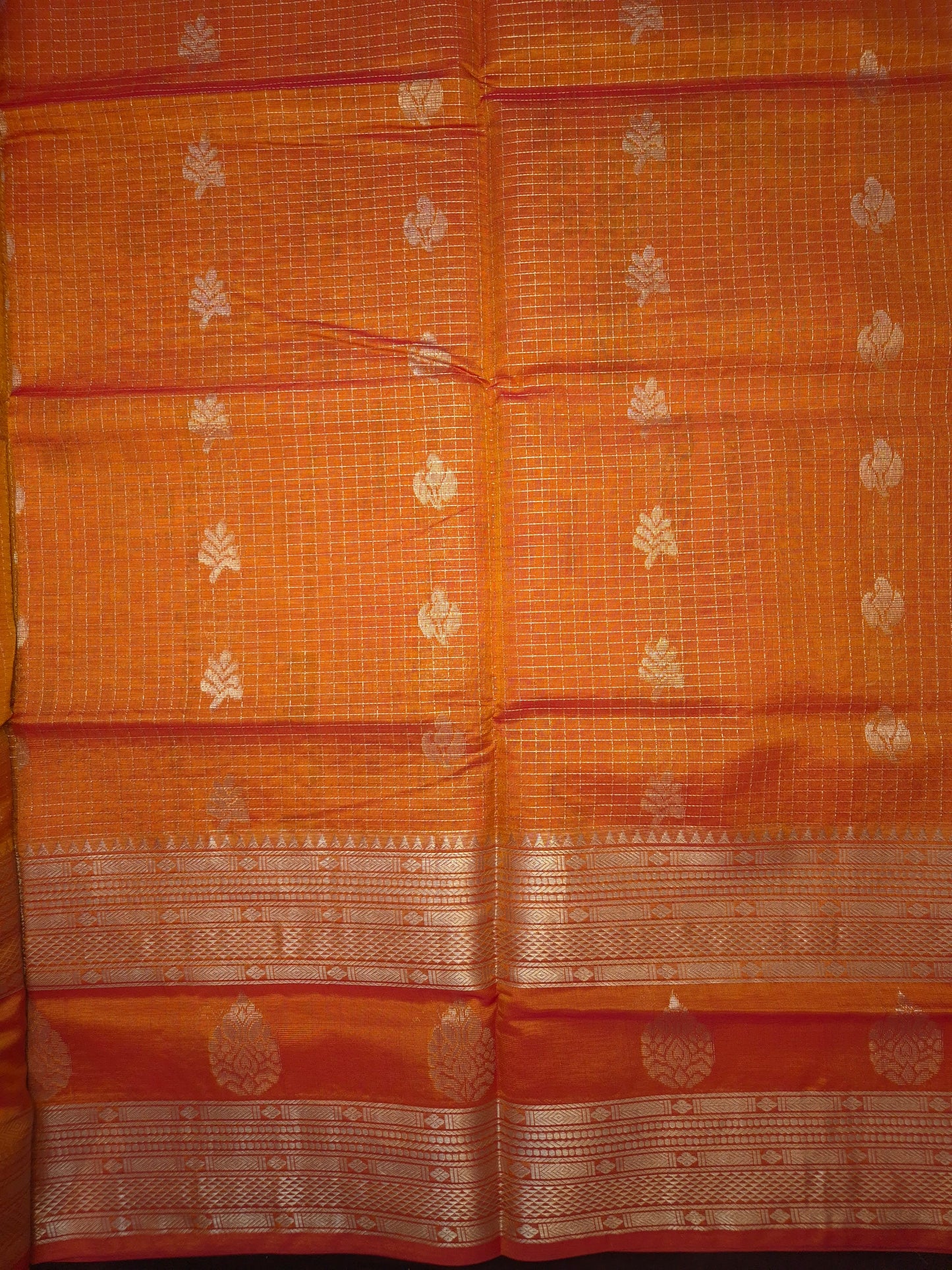 Orange Mangalgiri Pattu Silk Saree with Silver Zari
