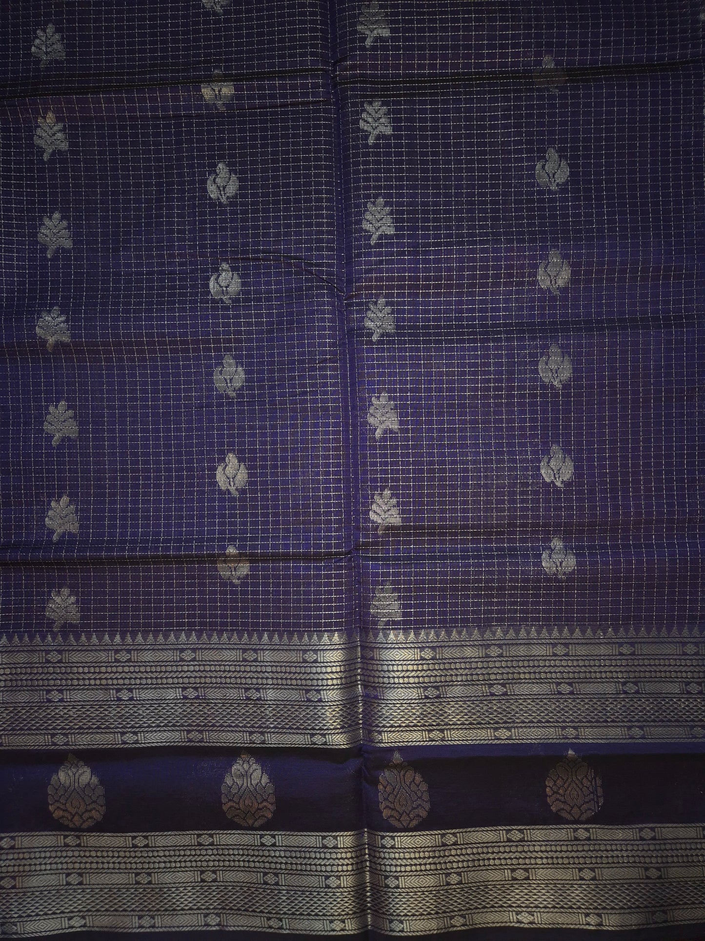 Indigo Mangalgiri Pattu Silk Saree with Silver Zari