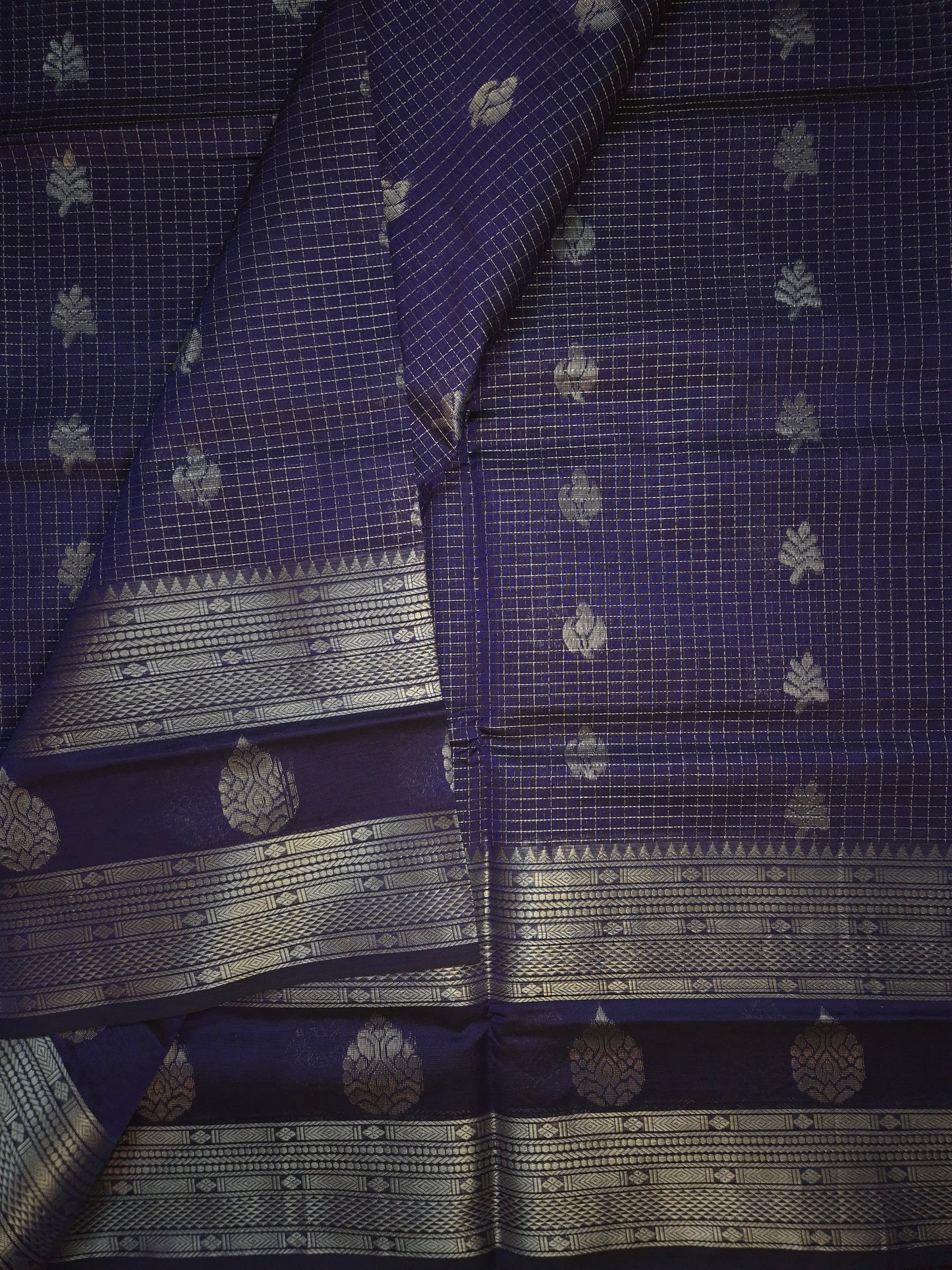 Indigo Mangalgiri Pattu Silk Saree with Silver Zari