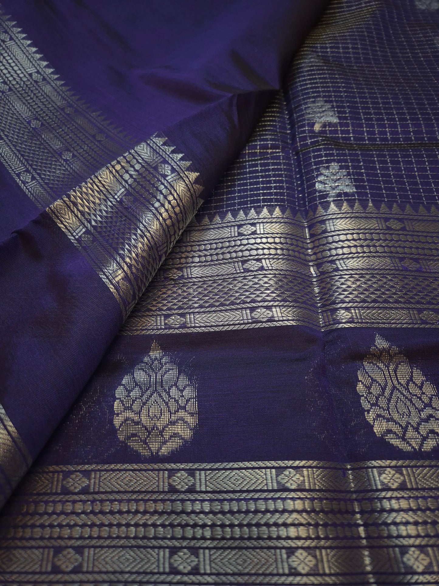 Indigo Mangalgiri Pattu Silk Saree with Silver Zari