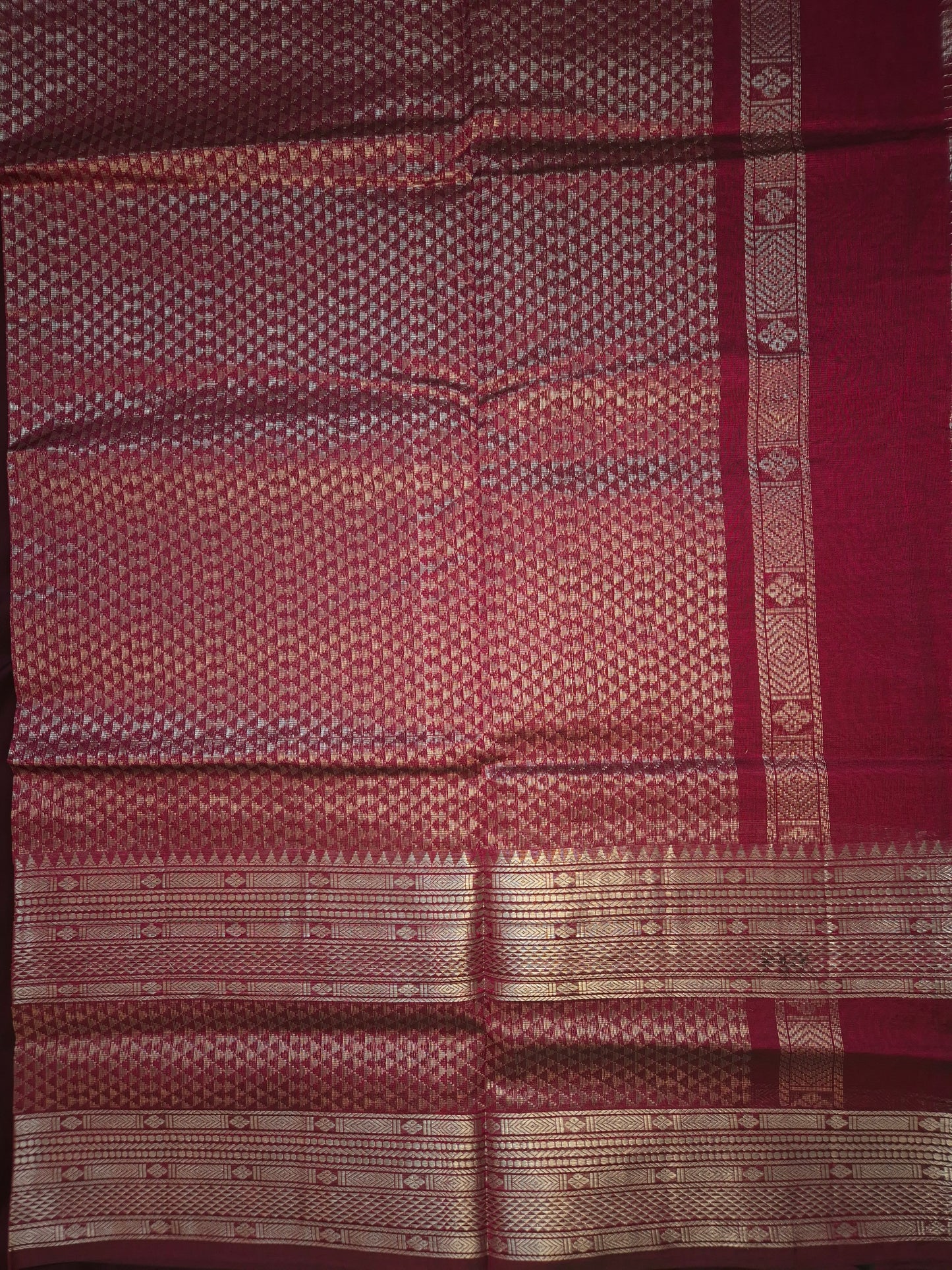 Burgundy Mangalgiri Pattu Silk Saree with Silver Zari