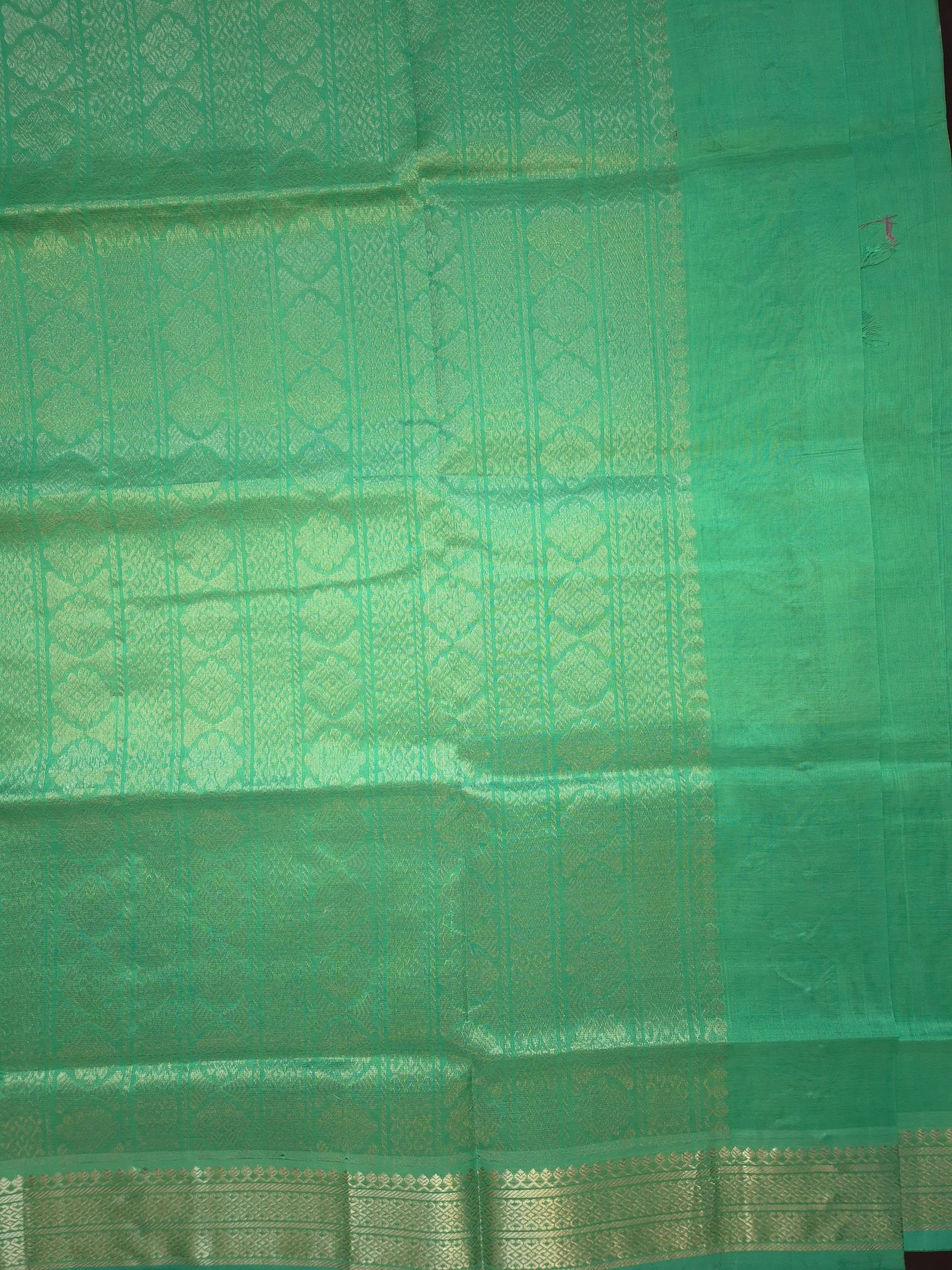 Turquoise Mangalgiri Kollam Pattu Silk Saree with all-over Silver Buttas