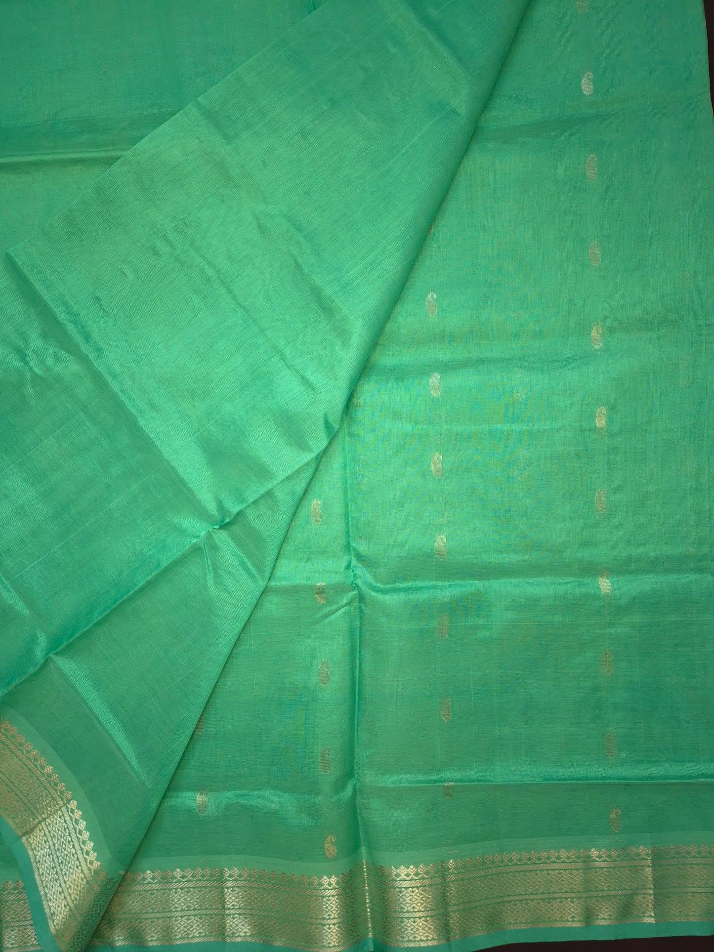 Turquoise Mangalgiri Kollam Pattu Silk Saree with all-over Silver Buttas