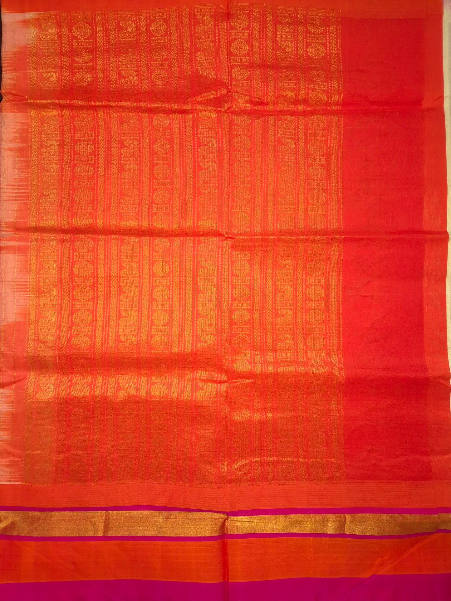 Off White Silk Cotton Saree with Orange and Pink Border