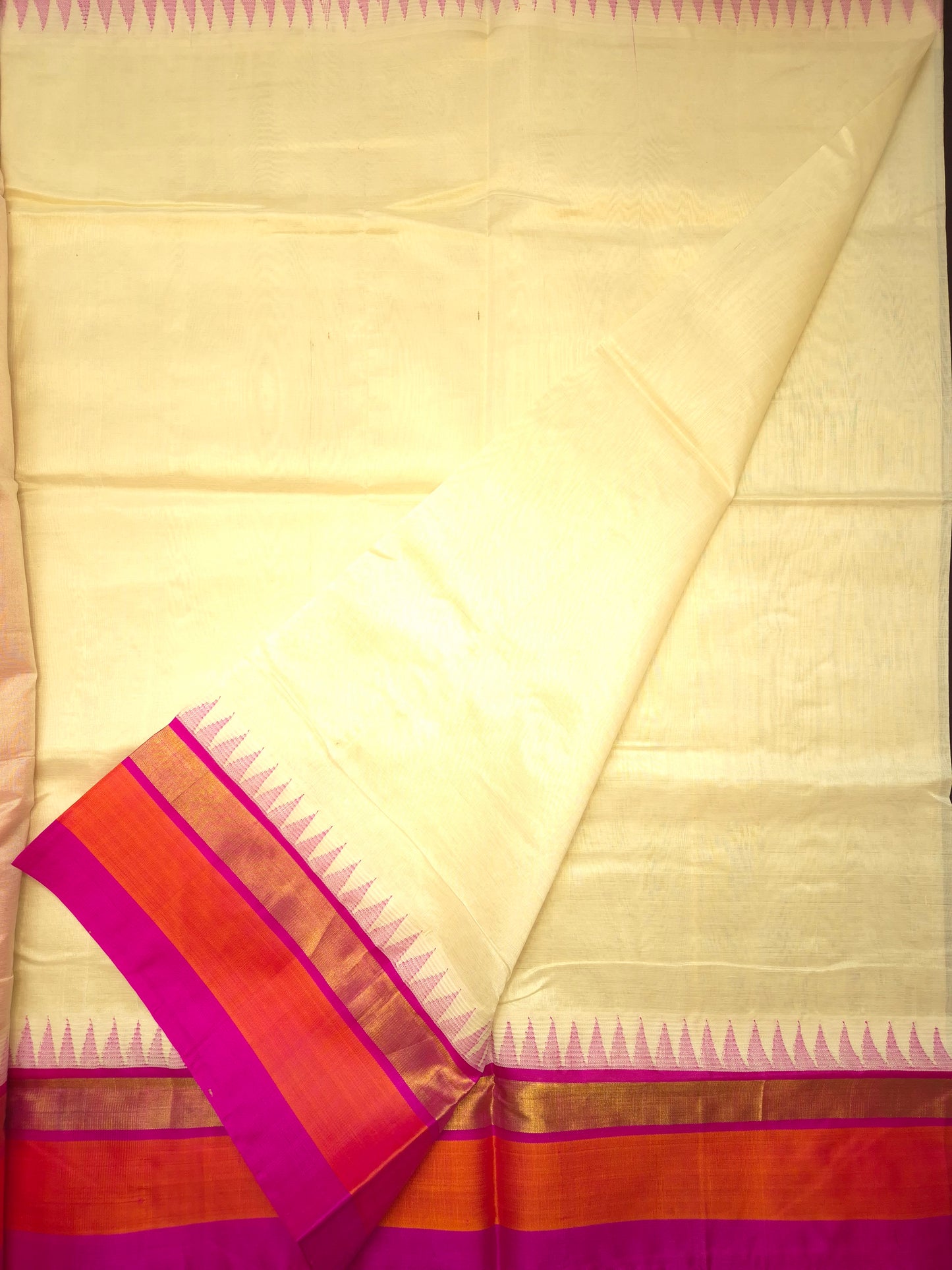 Off White Silk Cotton Saree with Orange and Pink Border