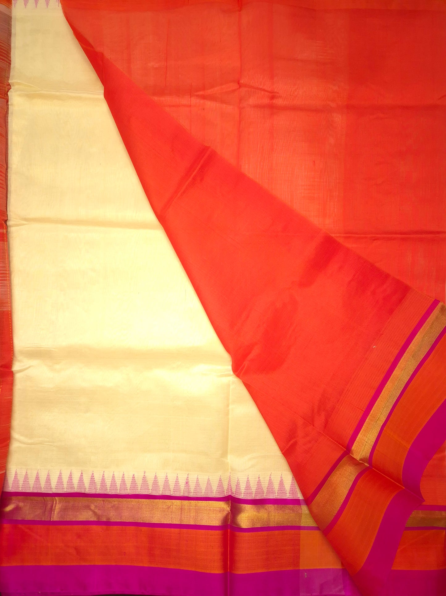 Off White Silk Cotton Saree with Orange and Pink Border