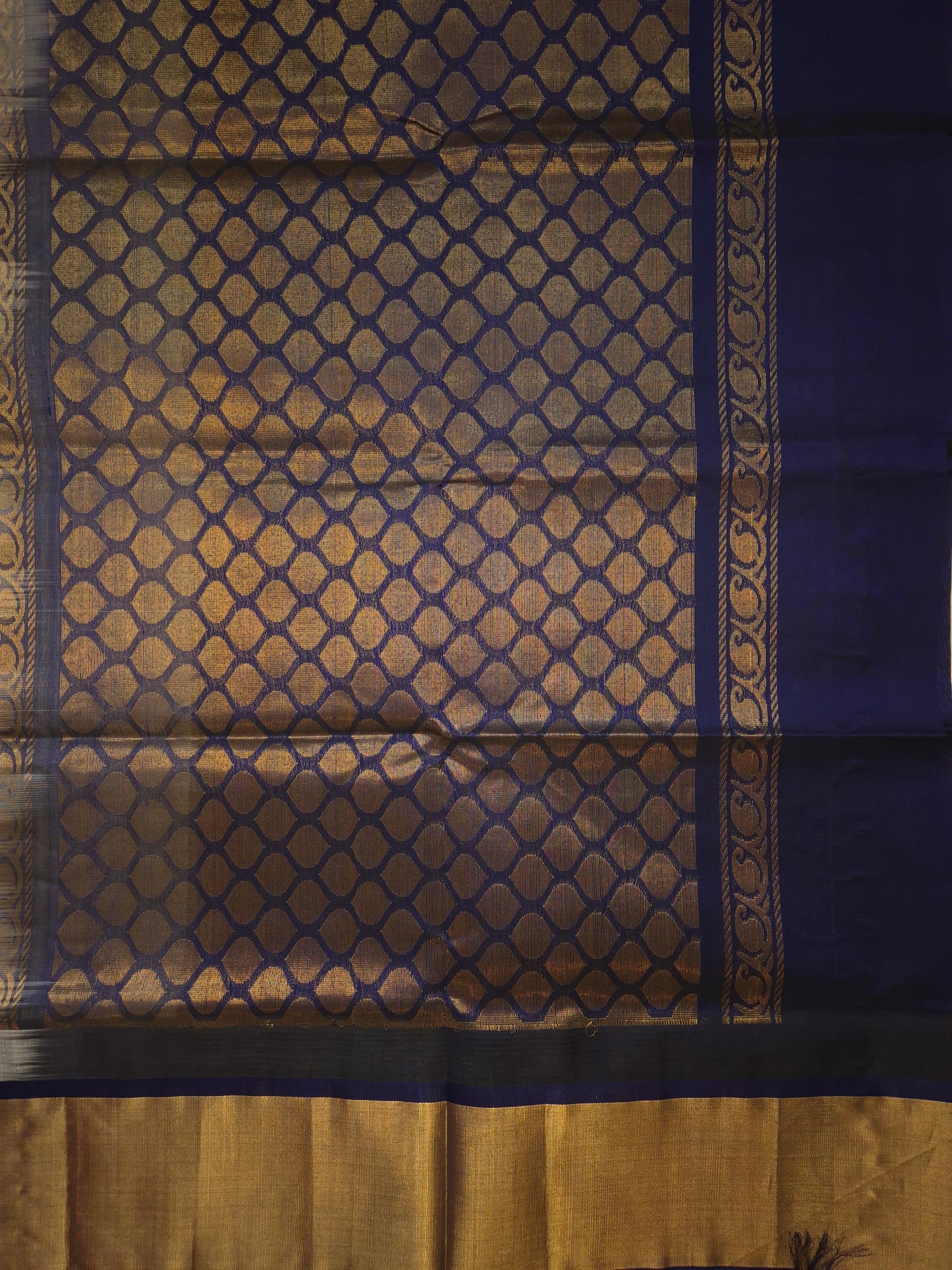 Off White Silk Cotton Saree with Dark Blue Temple Border