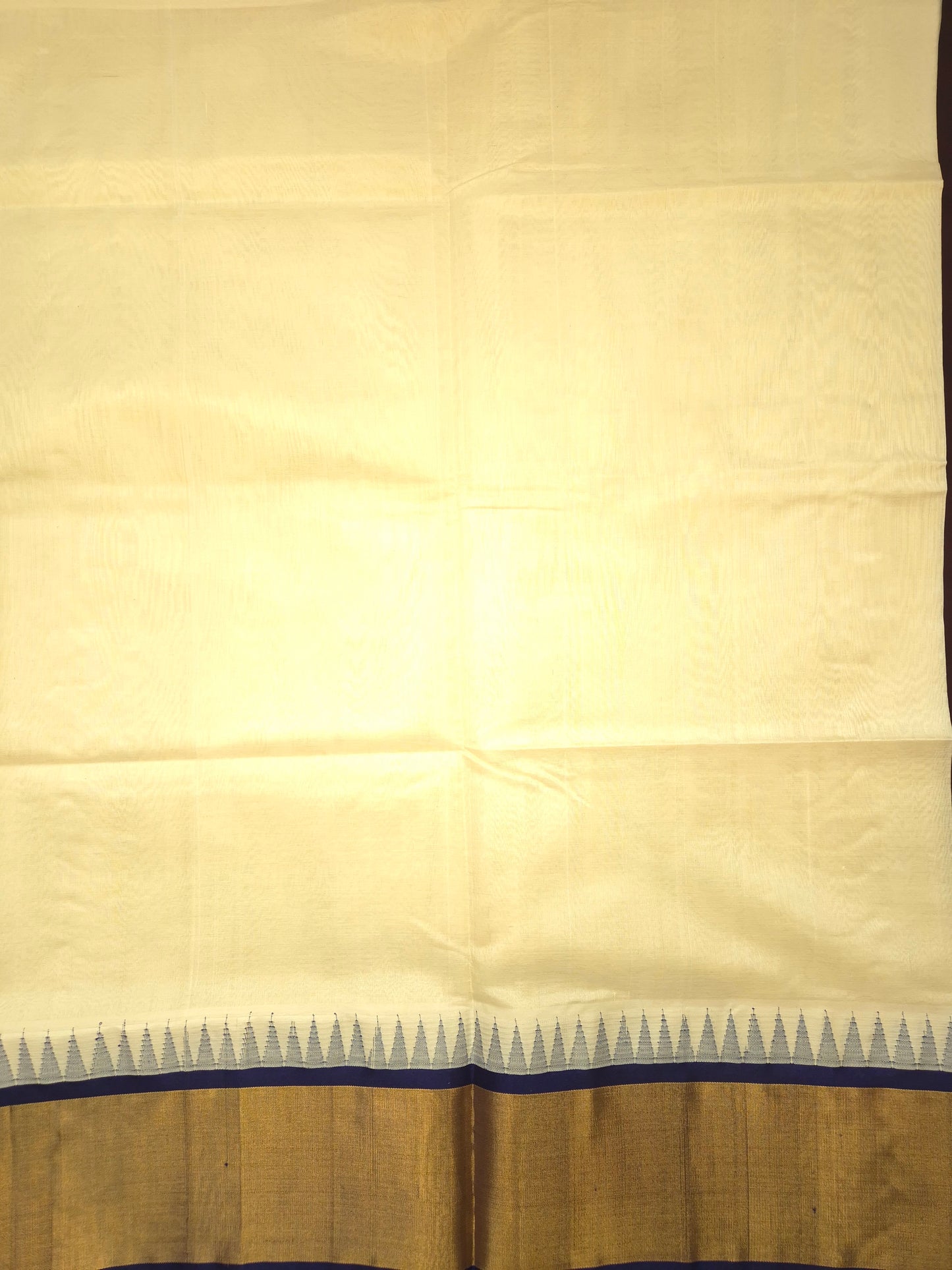 Off White Silk Cotton Saree with Dark Blue Temple Border
