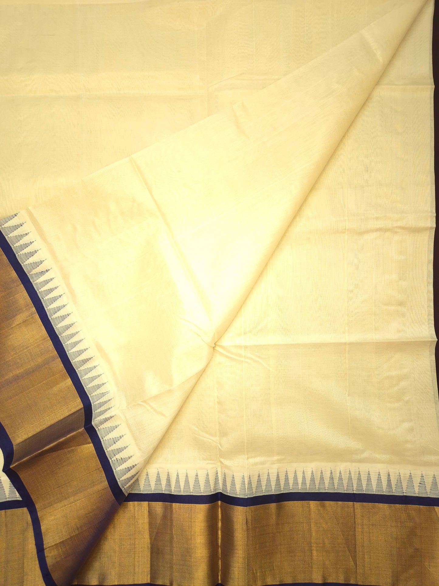 Off White Silk Cotton Saree with Dark Blue Temple Border