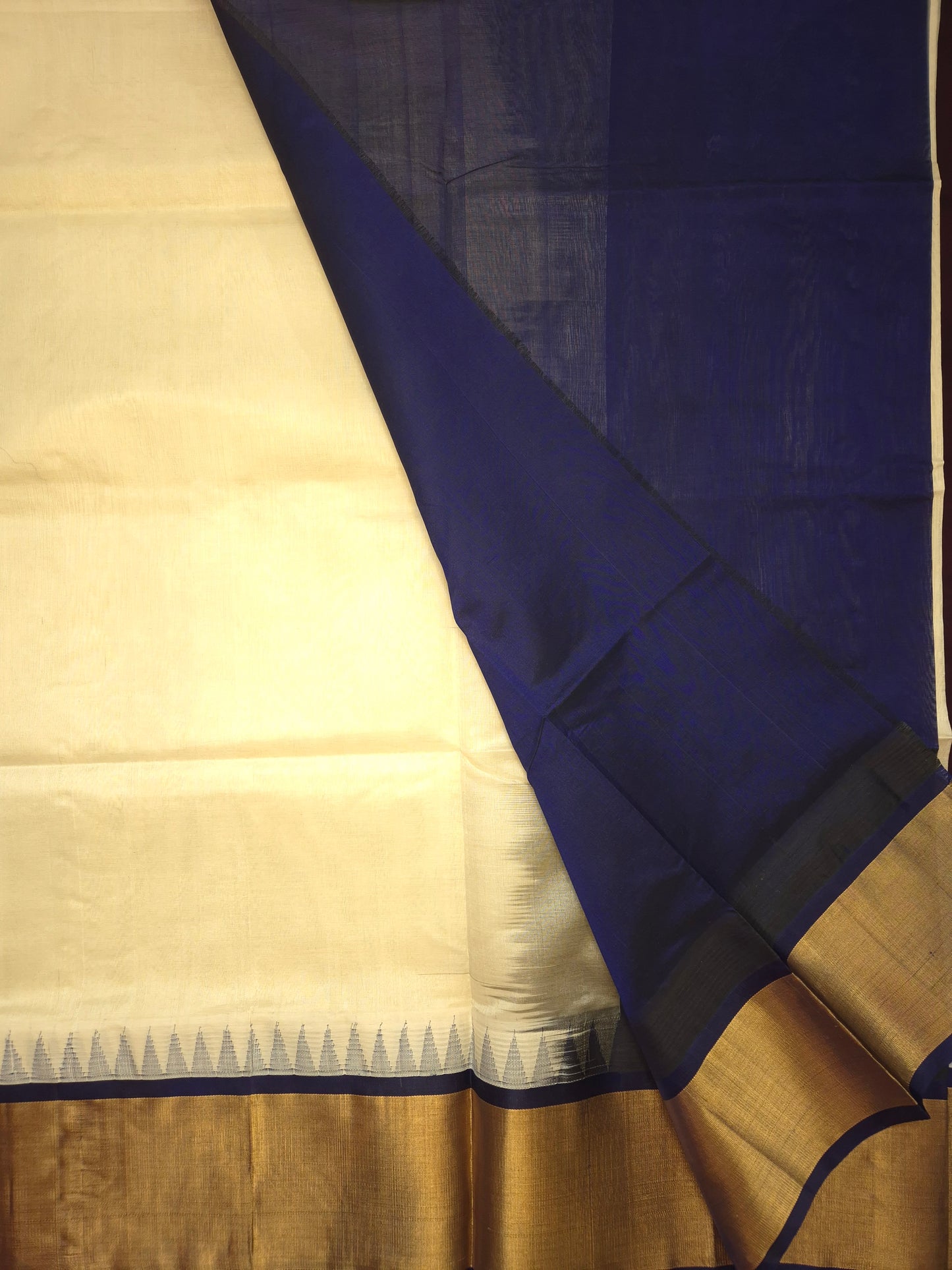 Off White Silk Cotton Saree with Dark Blue Temple Border