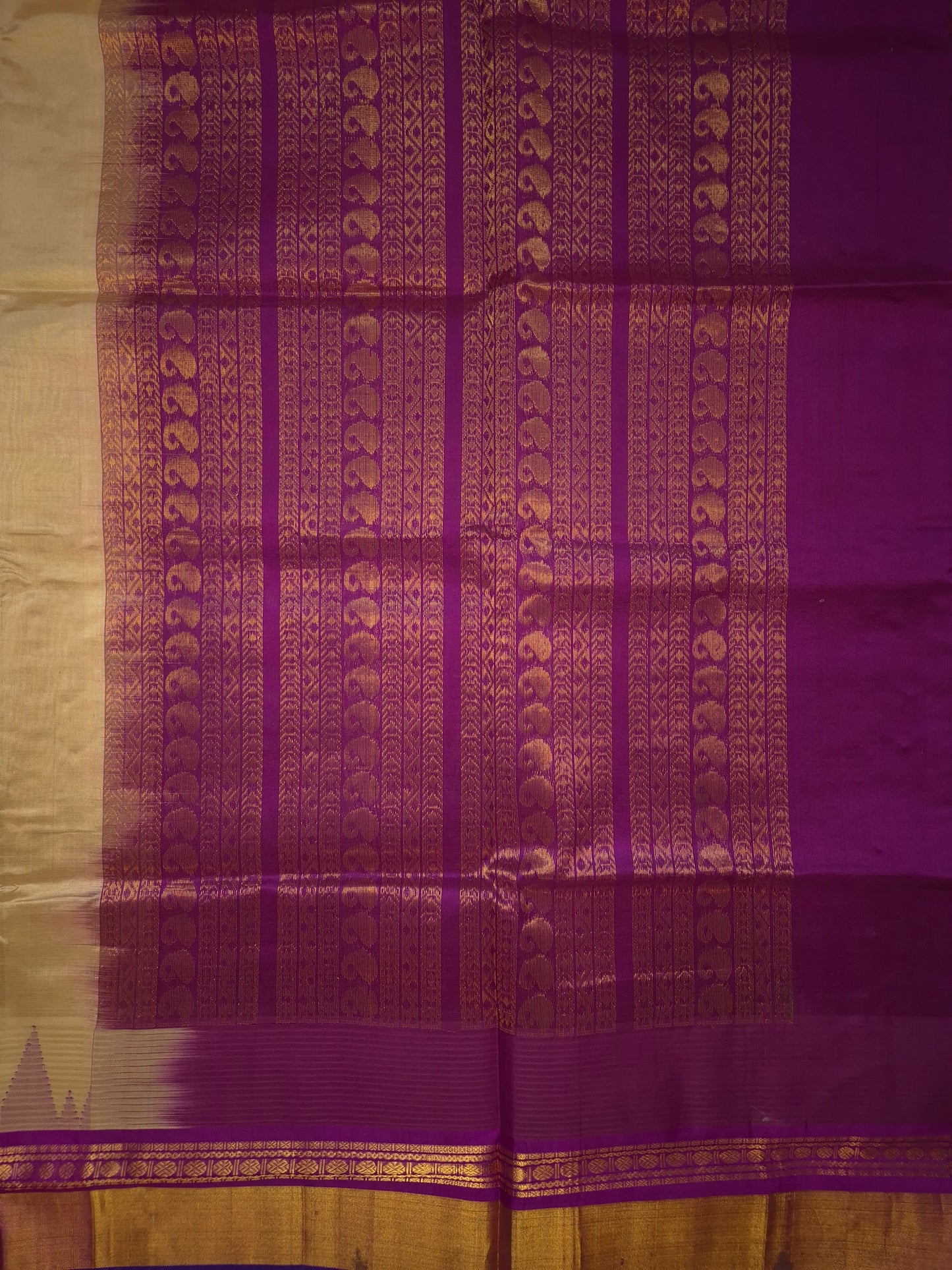 Beige Korvai Silk Cotton Saree with Magenta Border