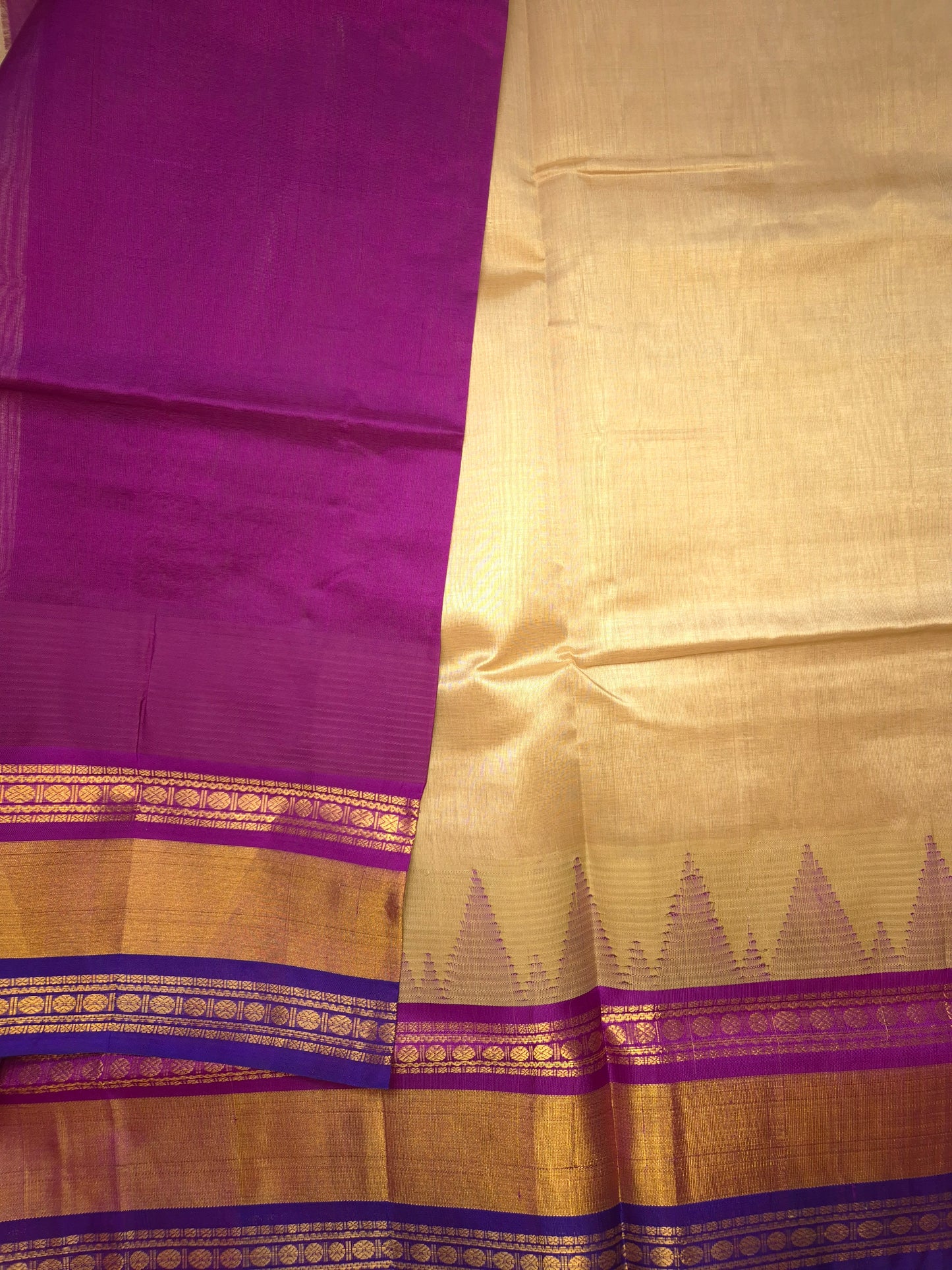 Beige Korvai Silk Cotton Saree with Magenta Border