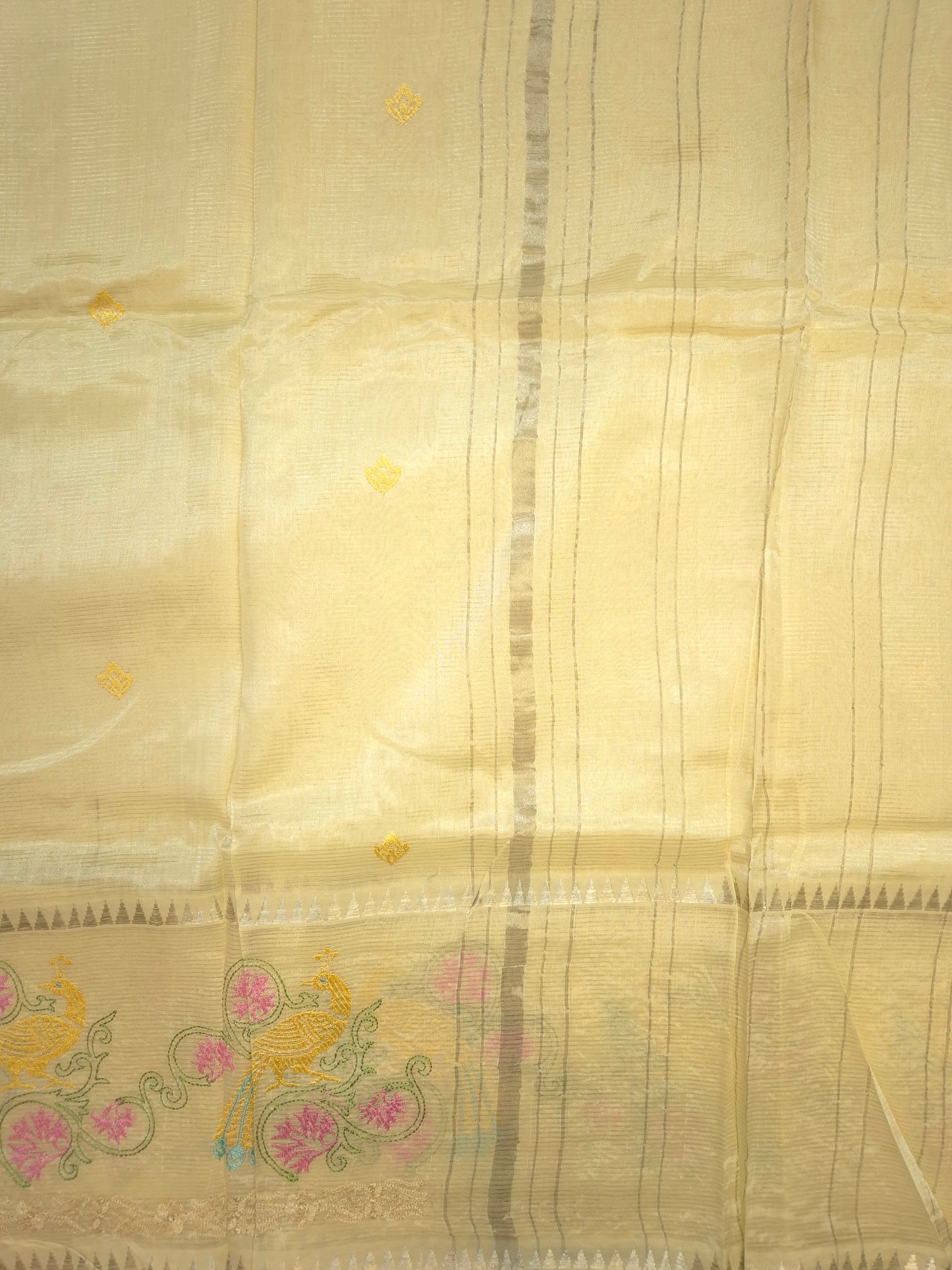 Off-White Mangalgiri Pattu Saree with Peacock Embroidery