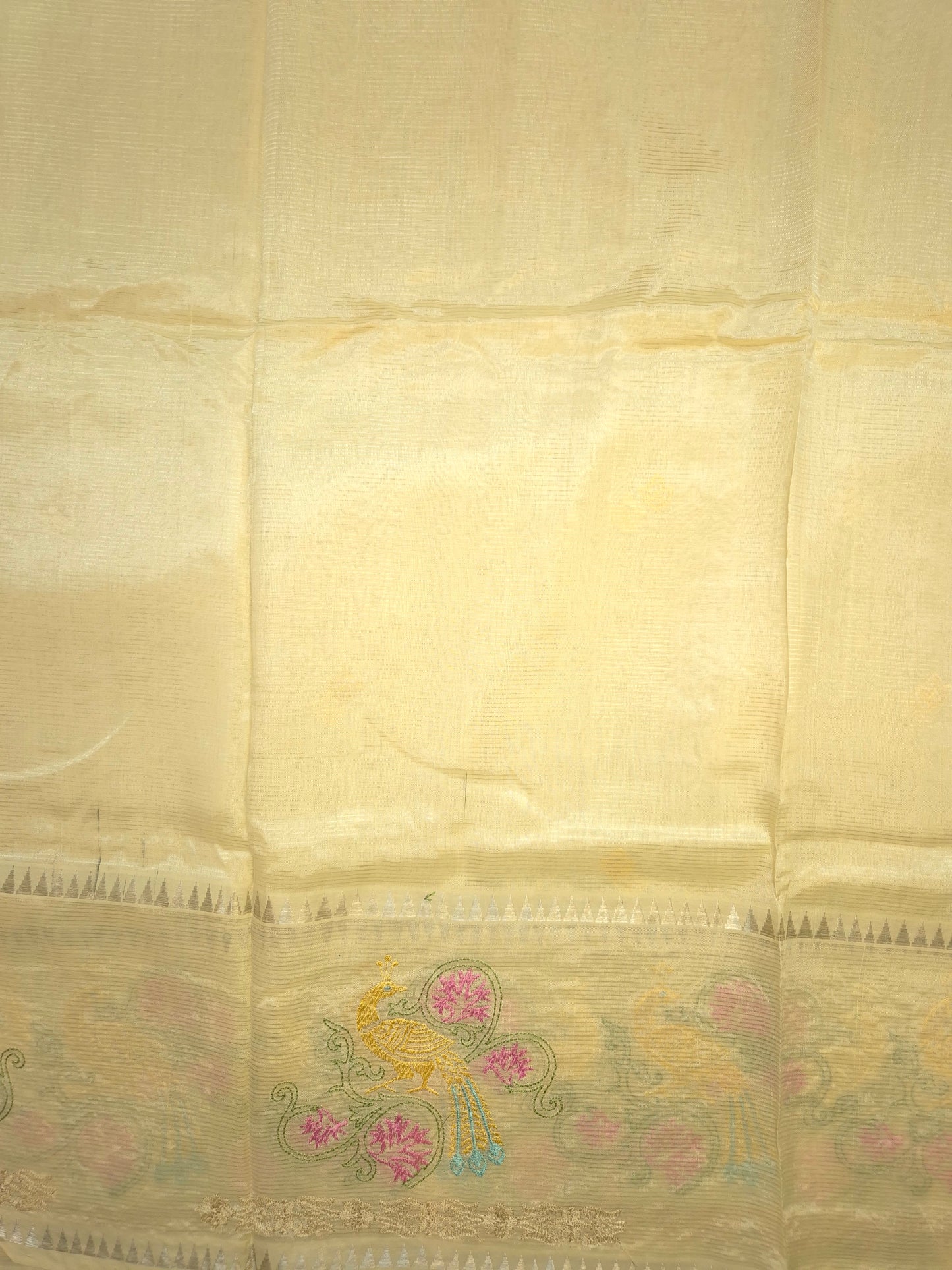 Off-White Mangalgiri Pattu Saree with Peacock Embroidery