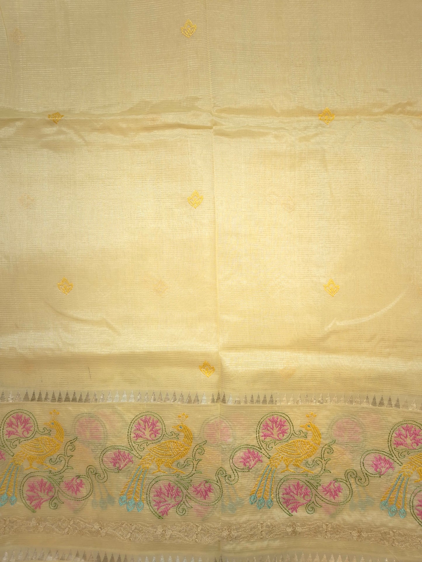 Off-White Mangalgiri Pattu Saree with Peacock Embroidery