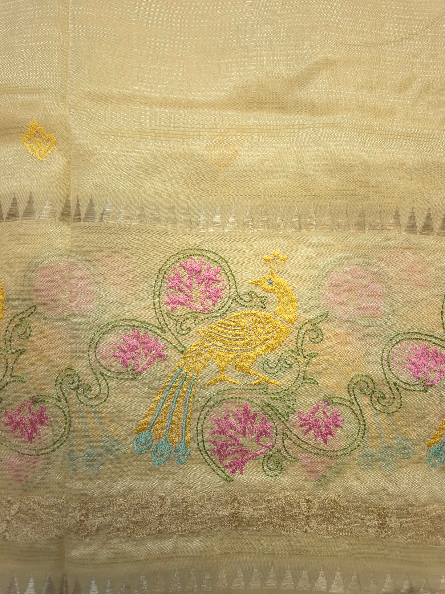 Off-White Mangalgiri Pattu Saree with Peacock Embroidery