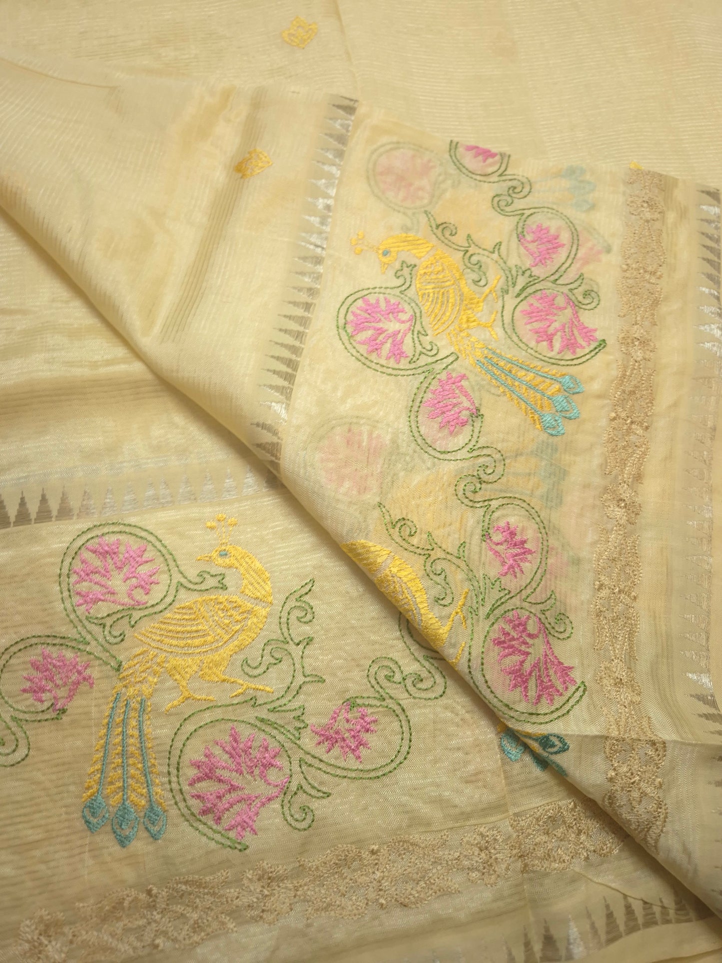 Off-White Mangalgiri Pattu Saree with Peacock Embroidery