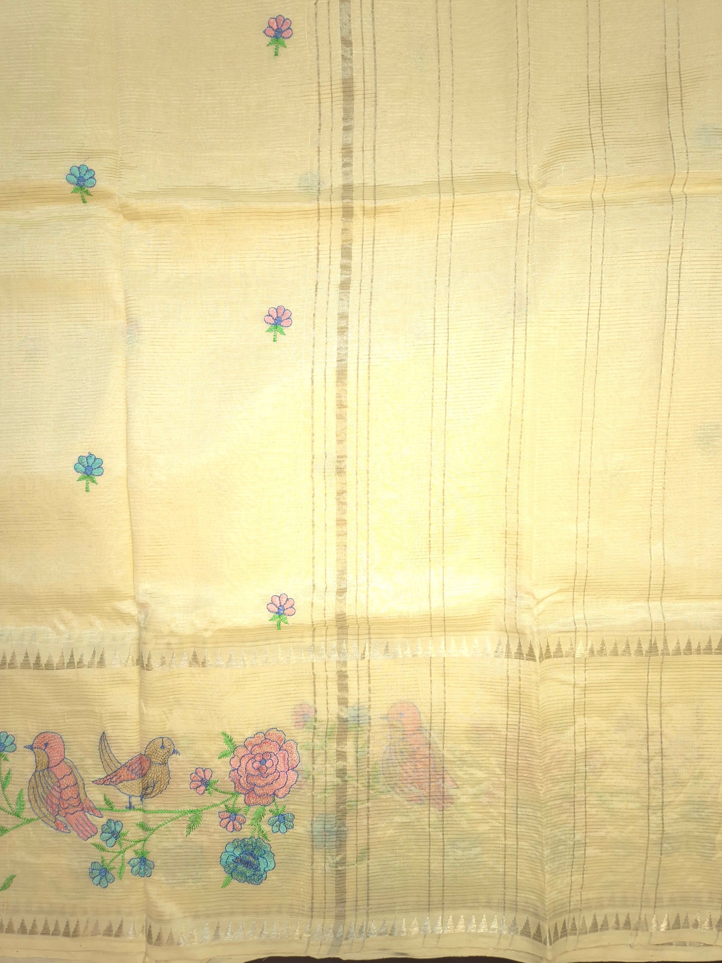 Off-White Mangalgiri Pattu Saree with Bird Embroidery