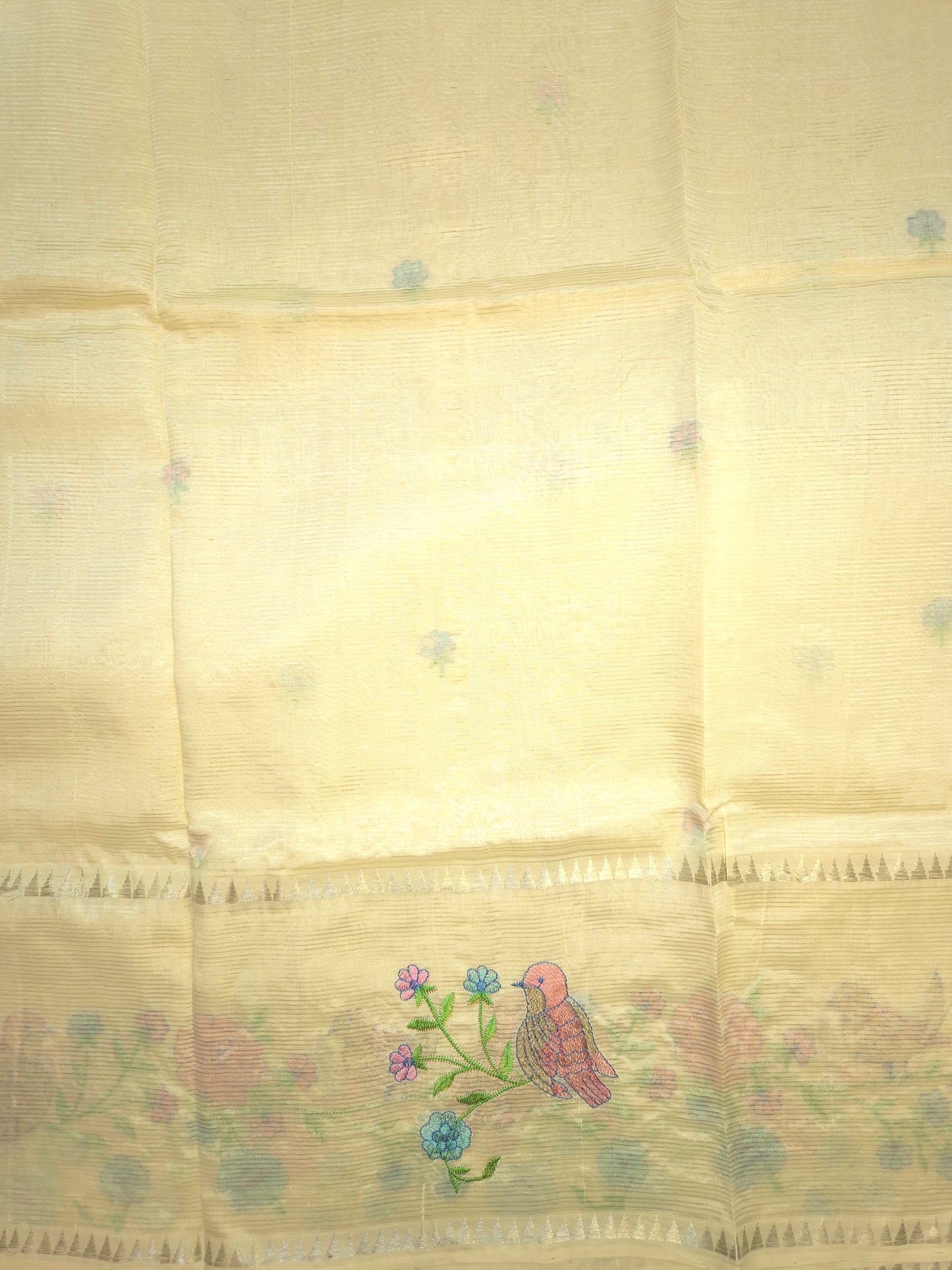 Off-White Mangalgiri Pattu Saree with Bird Embroidery