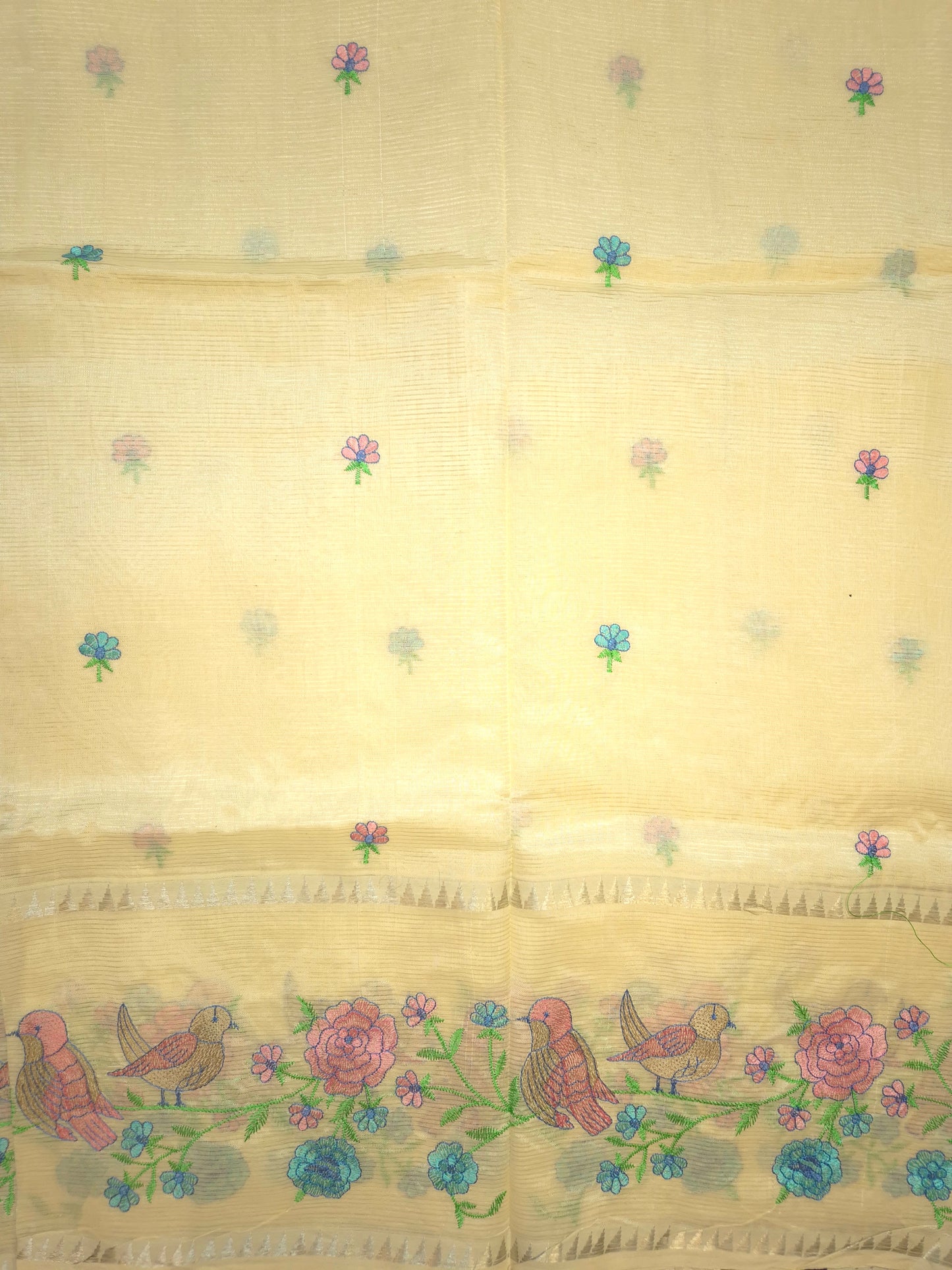 Off-White Mangalgiri Pattu Saree with Bird Embroidery