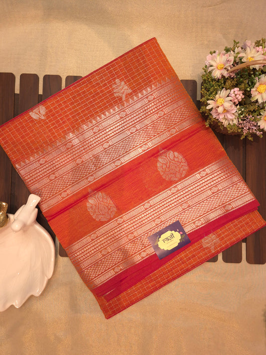 Orange Mangalgiri Pattu Silk Saree with Silver Zari