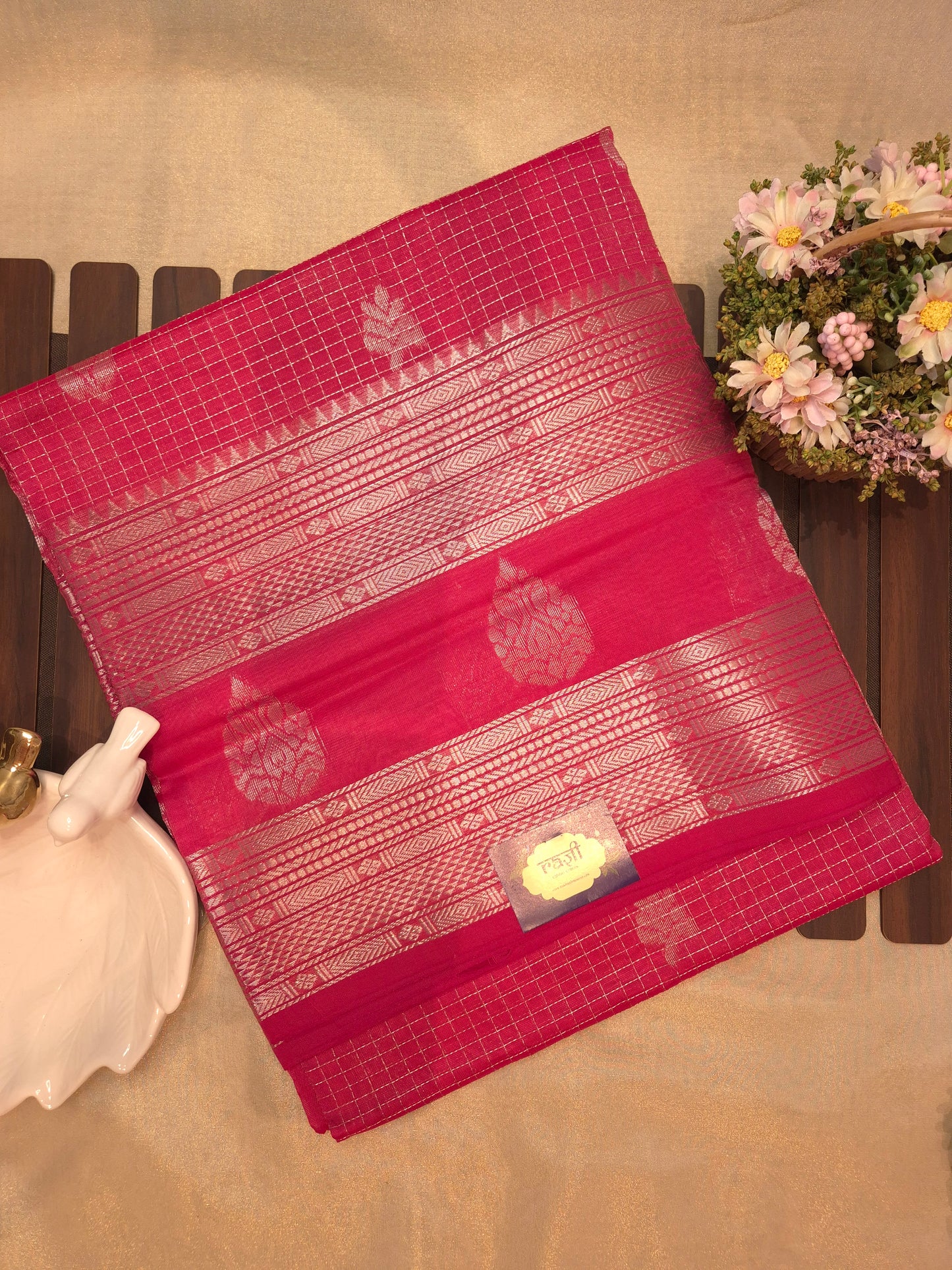 Coral Mangalgiri Pattu Silk Saree with Silver Zari