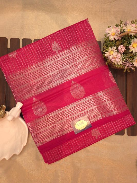 Coral Mangalgiri Pattu Silk Saree with Silver Zari