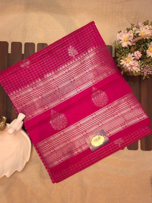 Rani Pink Mangalgiri Pattu Silk Saree with Silver Zari