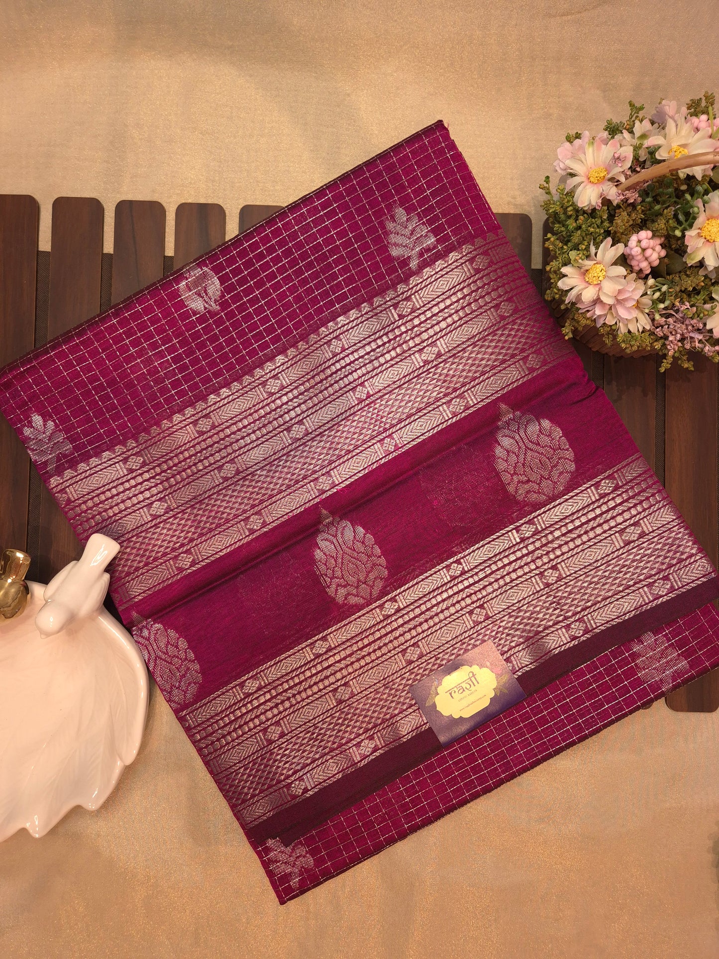 Wine Mangalgiri Pattu Silk Saree with Silver Zari
