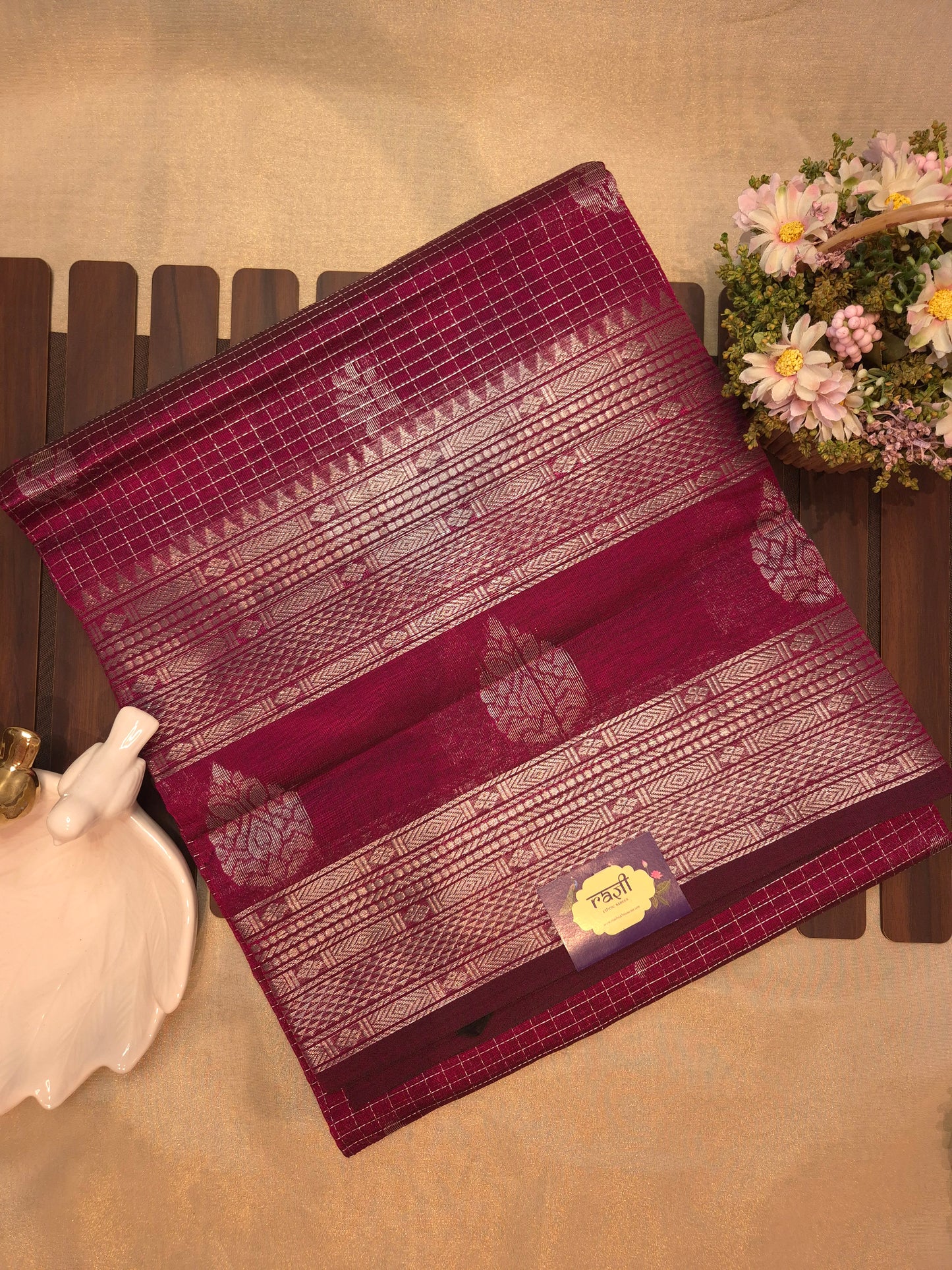 Burgundy Mangalgiri Pattu Silk Saree with Silver Zari