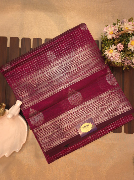 Burgundy Mangalgiri Pattu Silk Saree with Silver Zari