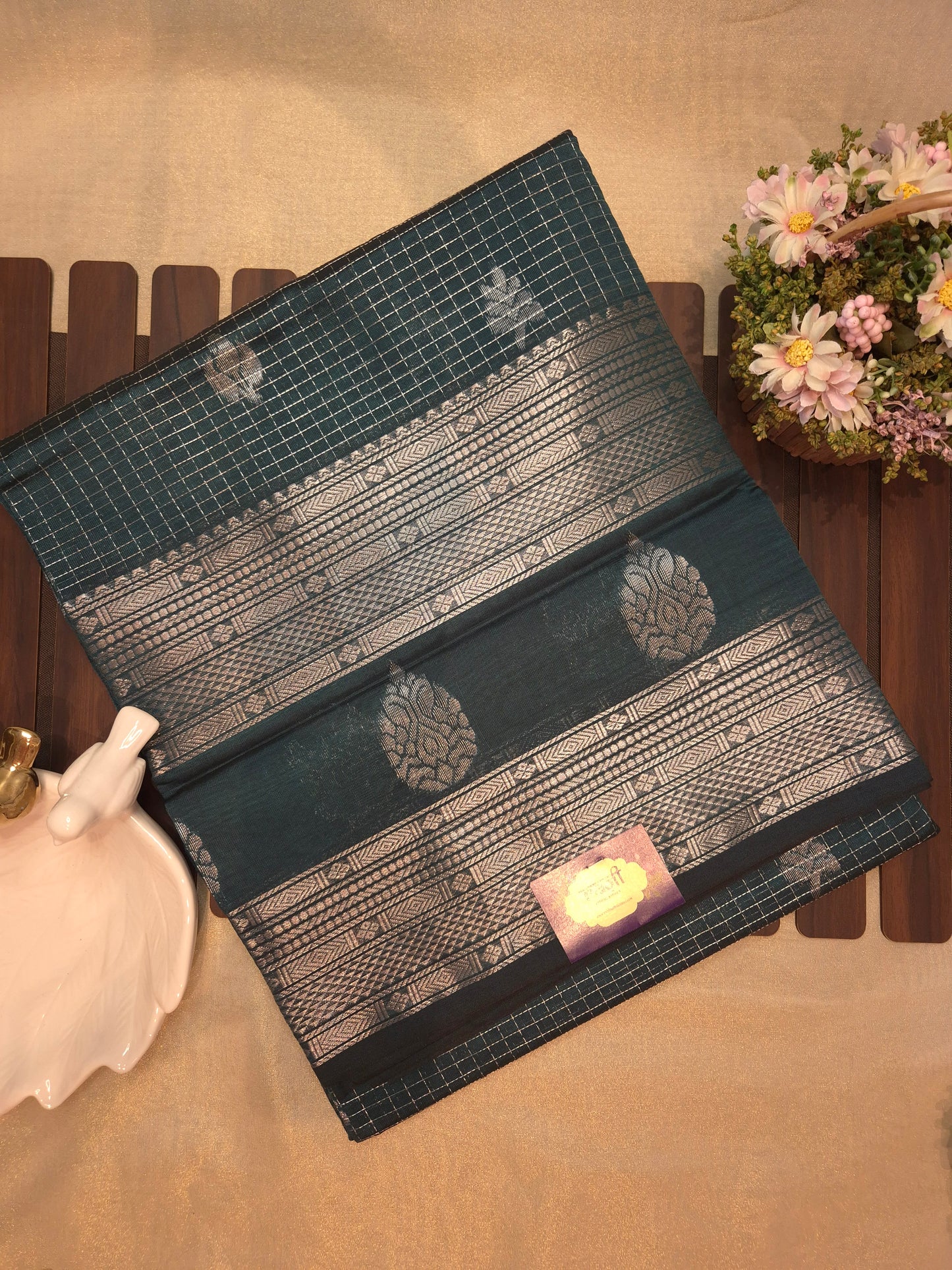 Peacock Green Mangalgiri Pattu Silk Saree with Silver Zari