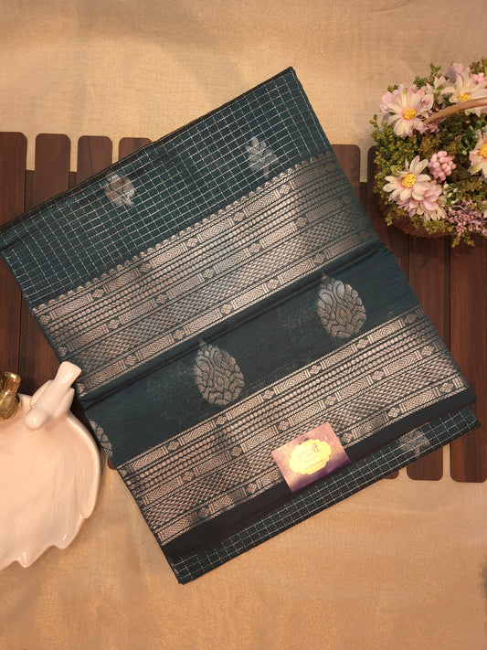 Peacock Green Mangalgiri Pattu Silk Saree with Silver Zari