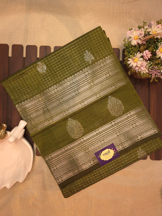 Mehendi Green Mangalgiri Pattu Silk Saree with Silver Zari