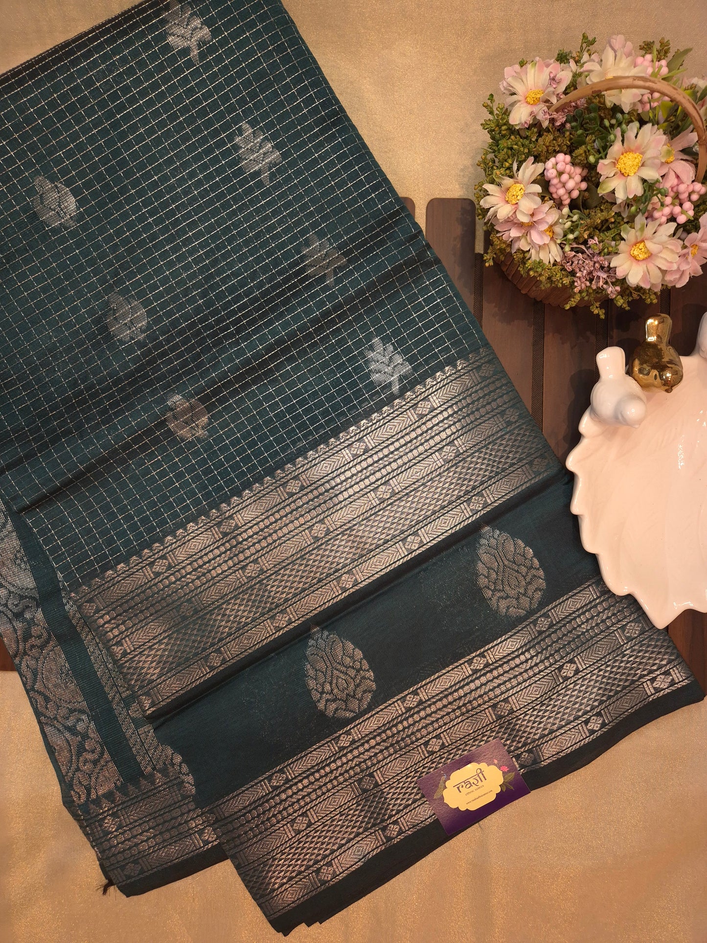 Peacock Green Mangalgiri Pattu Silk Saree with Silver Zari