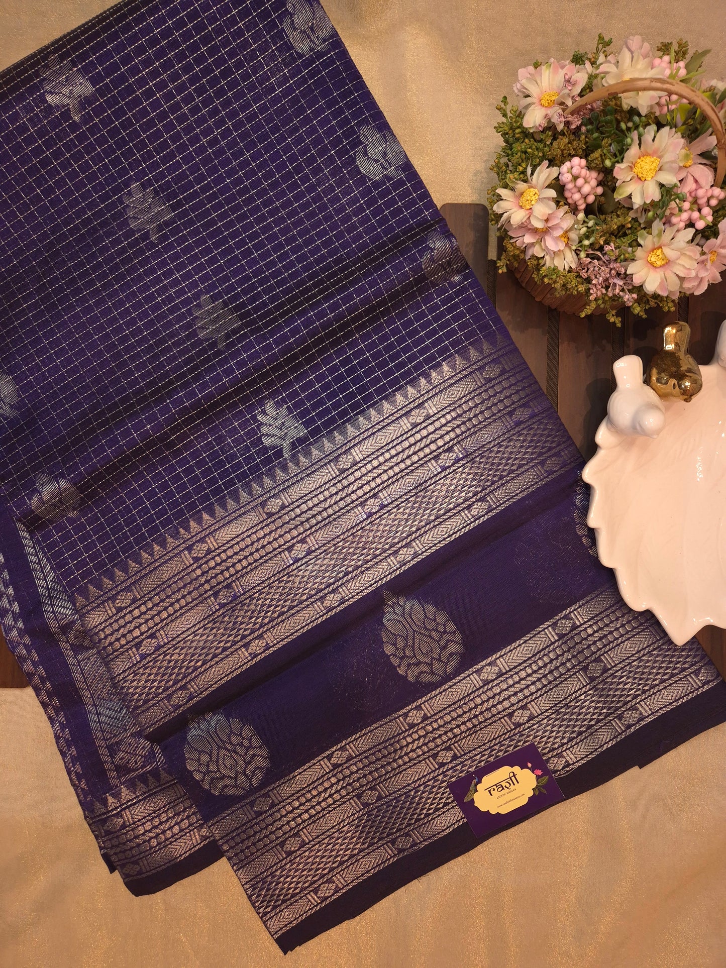 Indigo Mangalgiri Pattu Silk Saree with Silver Zari