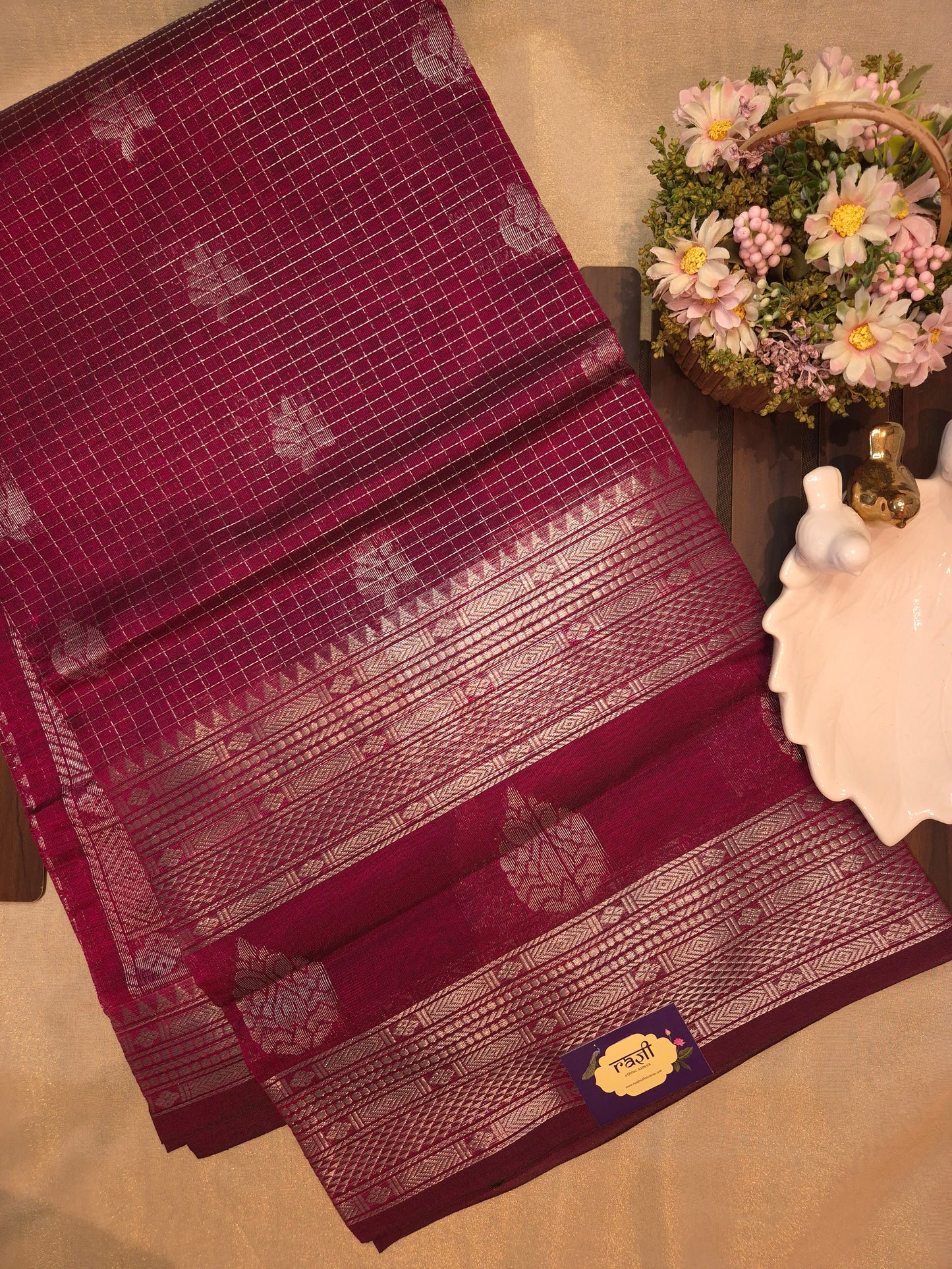 Burgundy Mangalgiri Pattu Silk Saree with Silver Zari