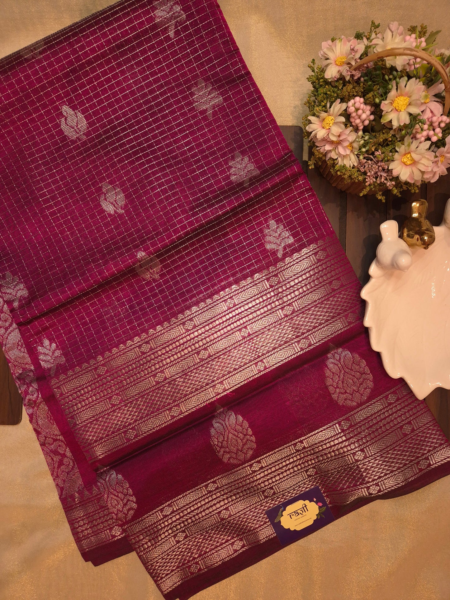 Wine Mangalgiri Pattu Silk Saree with Silver Zari