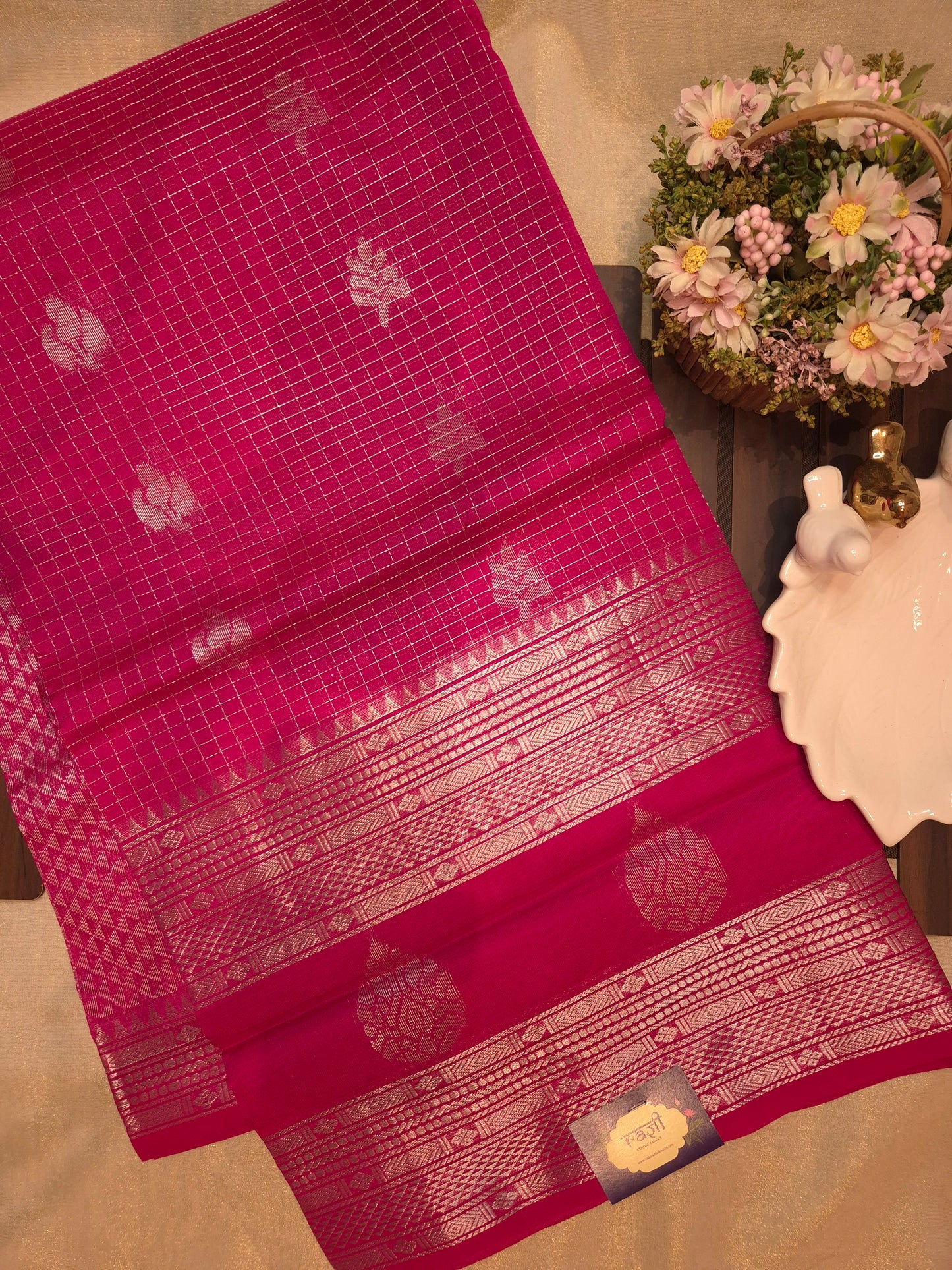 Rani Pink Mangalgiri Pattu Silk Saree with Silver Zari