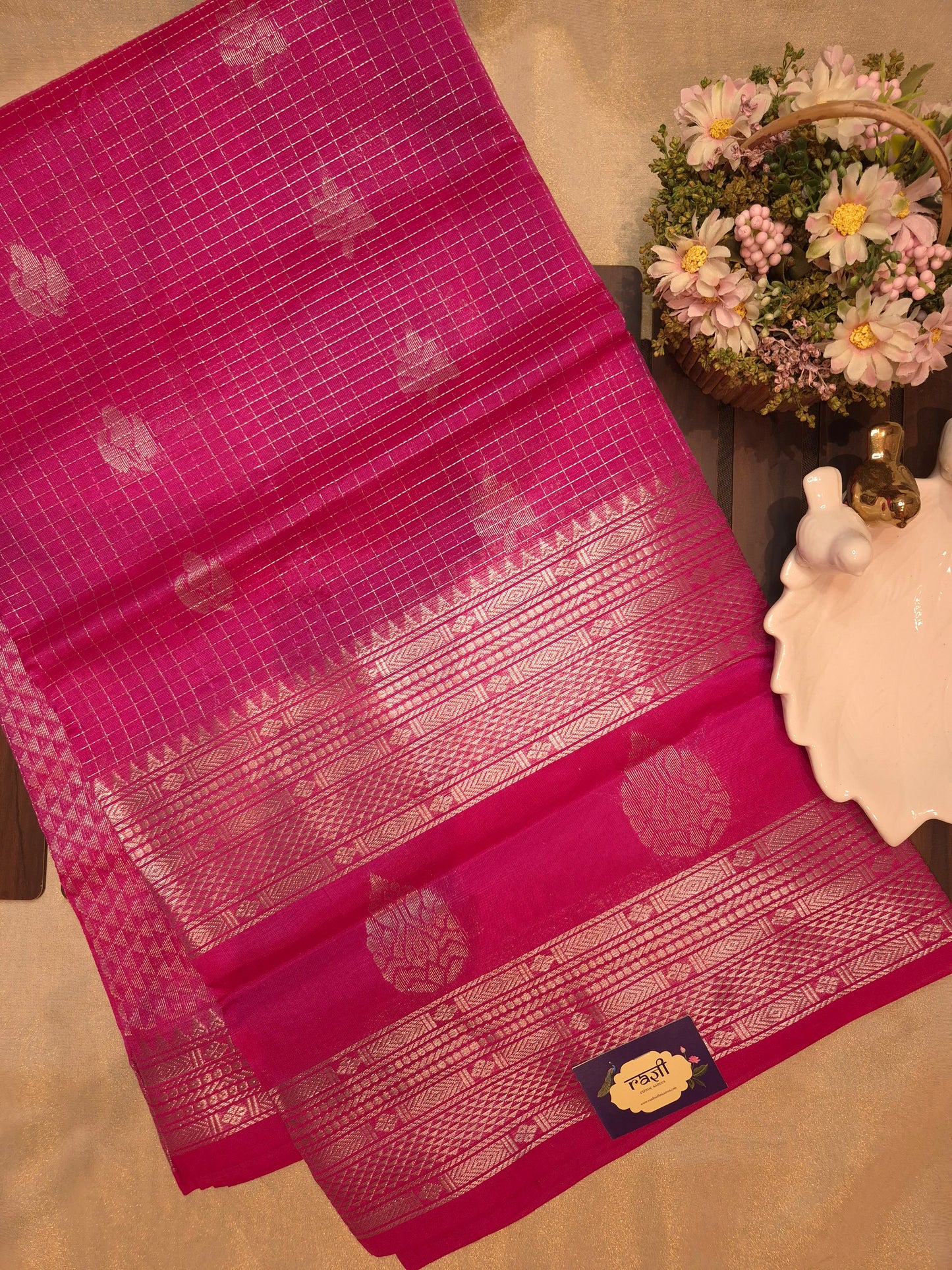 Pink Mangalgiri Pattu Silk Saree with Silver Zari