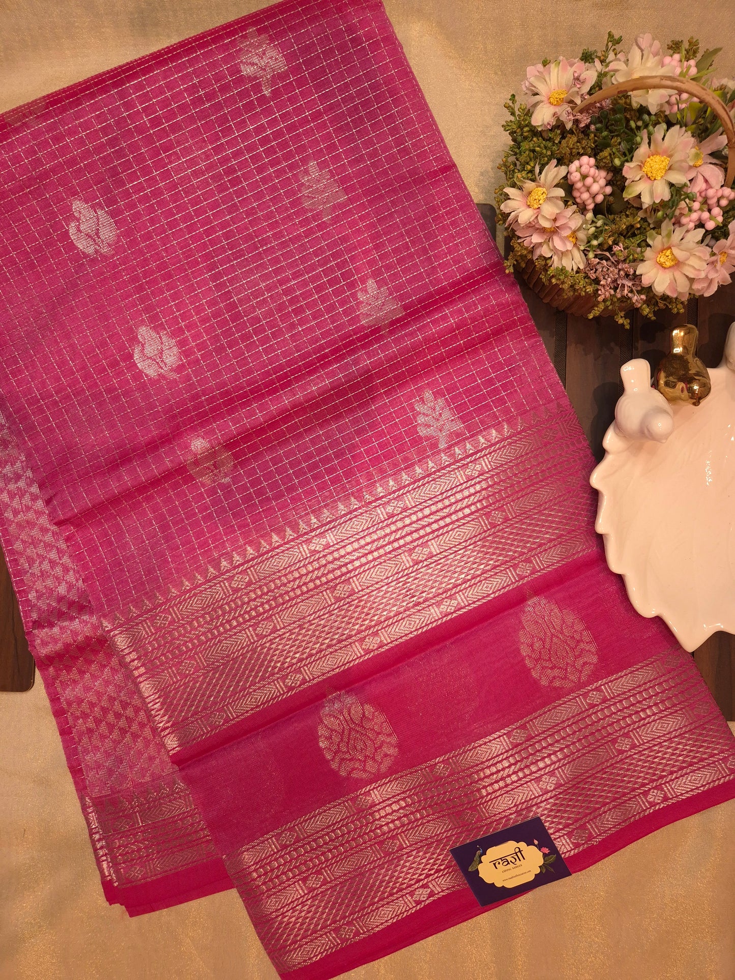 Light Pink Mangalgiri Pattu Silk Saree with Silver Zari